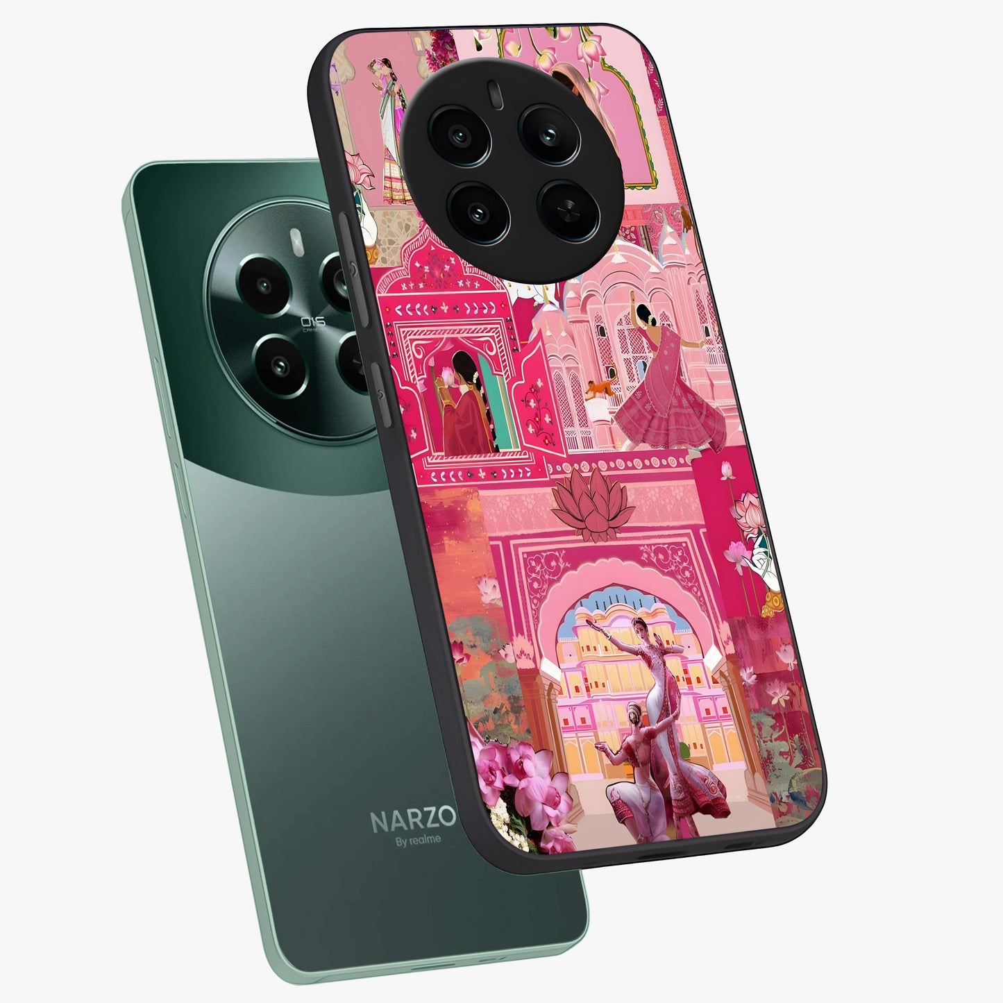 Pink Palace Muse Glass Case displayed in angled mockup highlighting dreamy palace illustration with soft pink aesthetic.