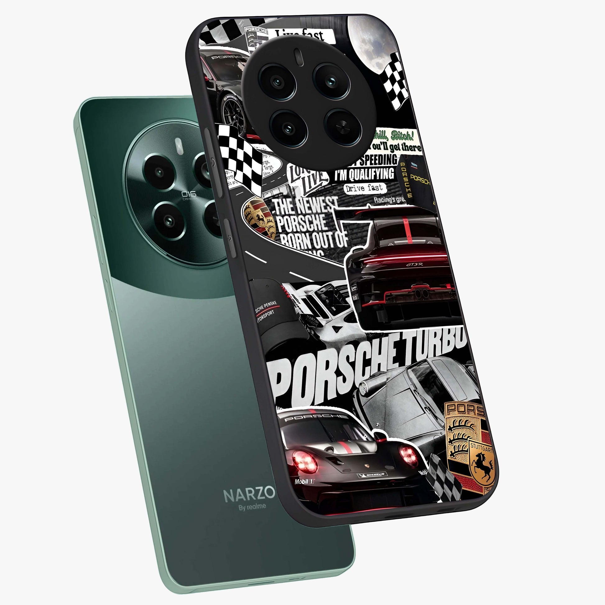 Porsche Racing Collage Glass Case displayed in angled mockup highlighting dynamic automotive design with bold racing aesthetic.
