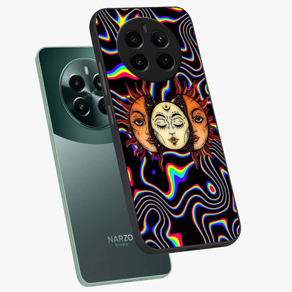 Psychedelic Sun Glass Case displayed in angled mockup highlighting vibrant abstract sun design with artistic aesthetic style.