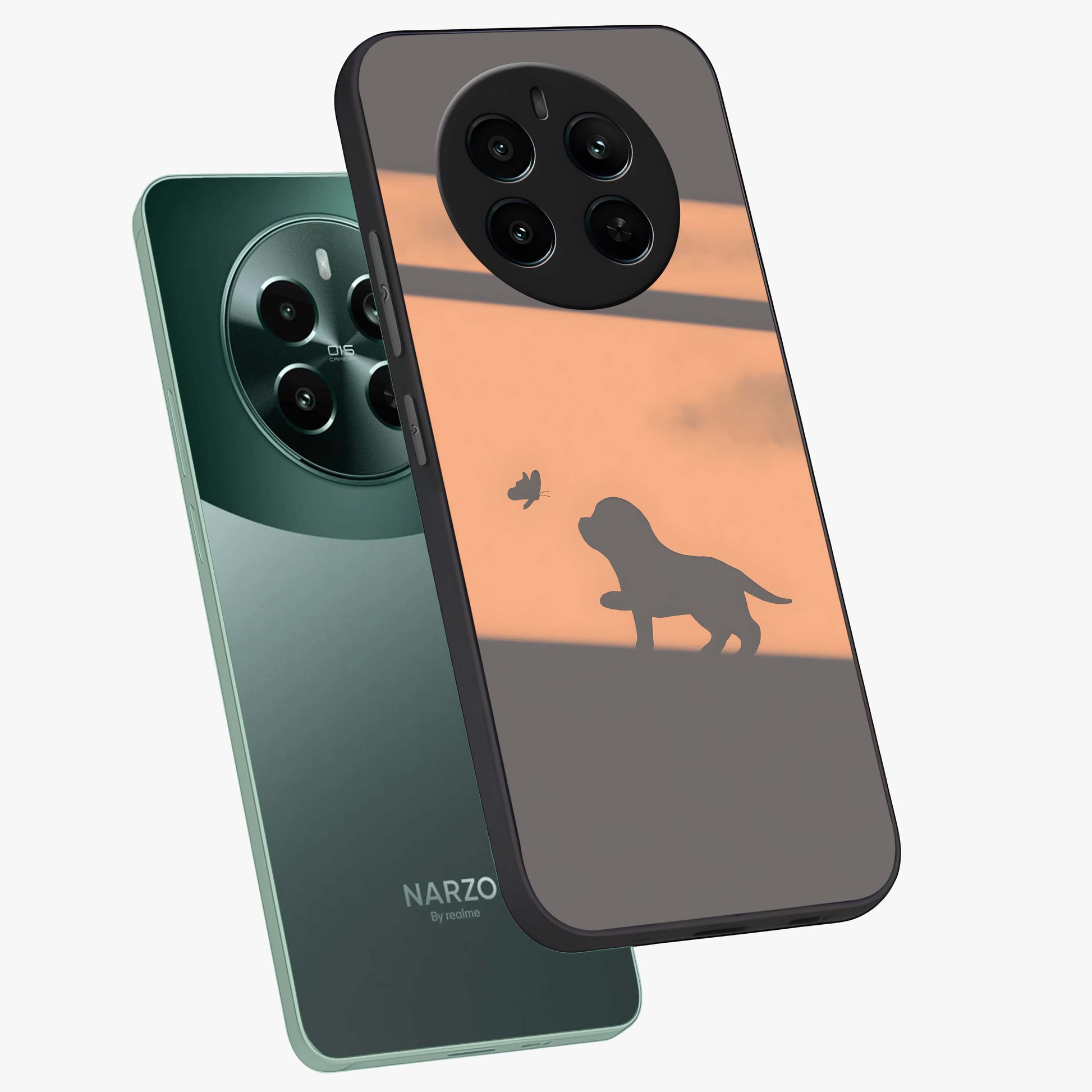 Puppy Shadow Art Glass Case displayed in angled mockup highlighting playful dog illustration with artistic shadow aesthetic.