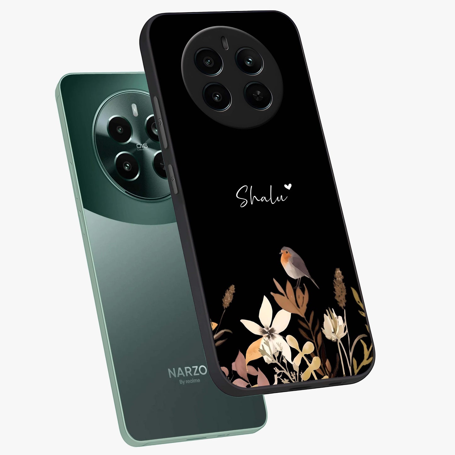 Quiet Garden Tune Custom Name Glass Case displayed in angled mockup highlighting delicate floral garden design with custom name feature.