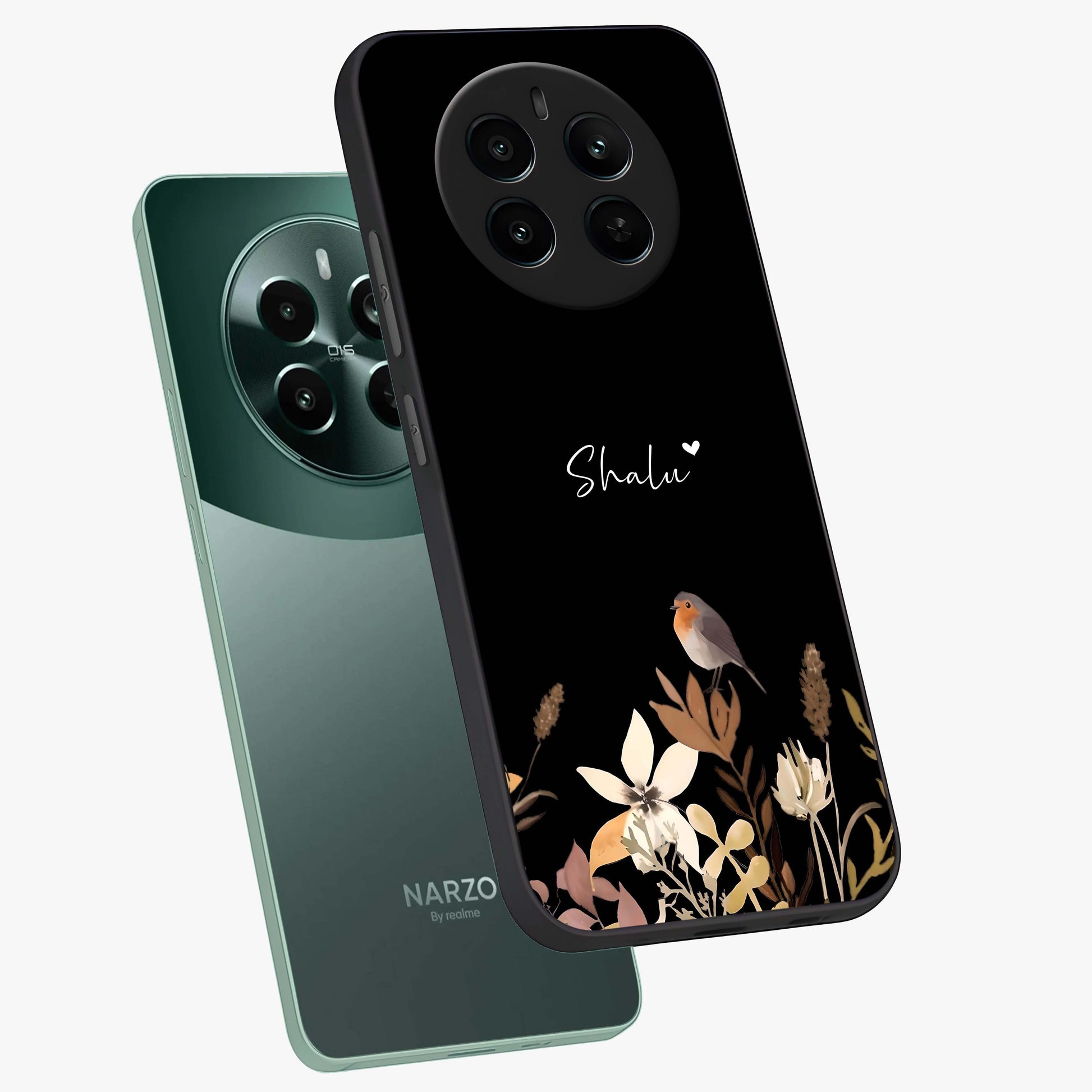 Quiet Garden Tune Custom Name Glass Case displayed in angled mockup highlighting delicate floral garden design with custom name feature.