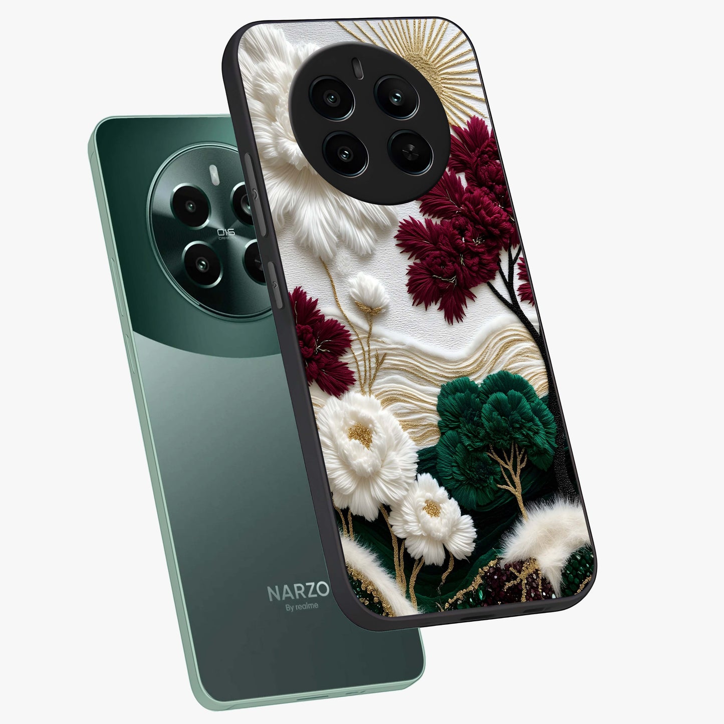 Radiant Bloom Elegance Glass Case displayed in angled mockup highlighting graceful floral design with radiant aesthetic style.
