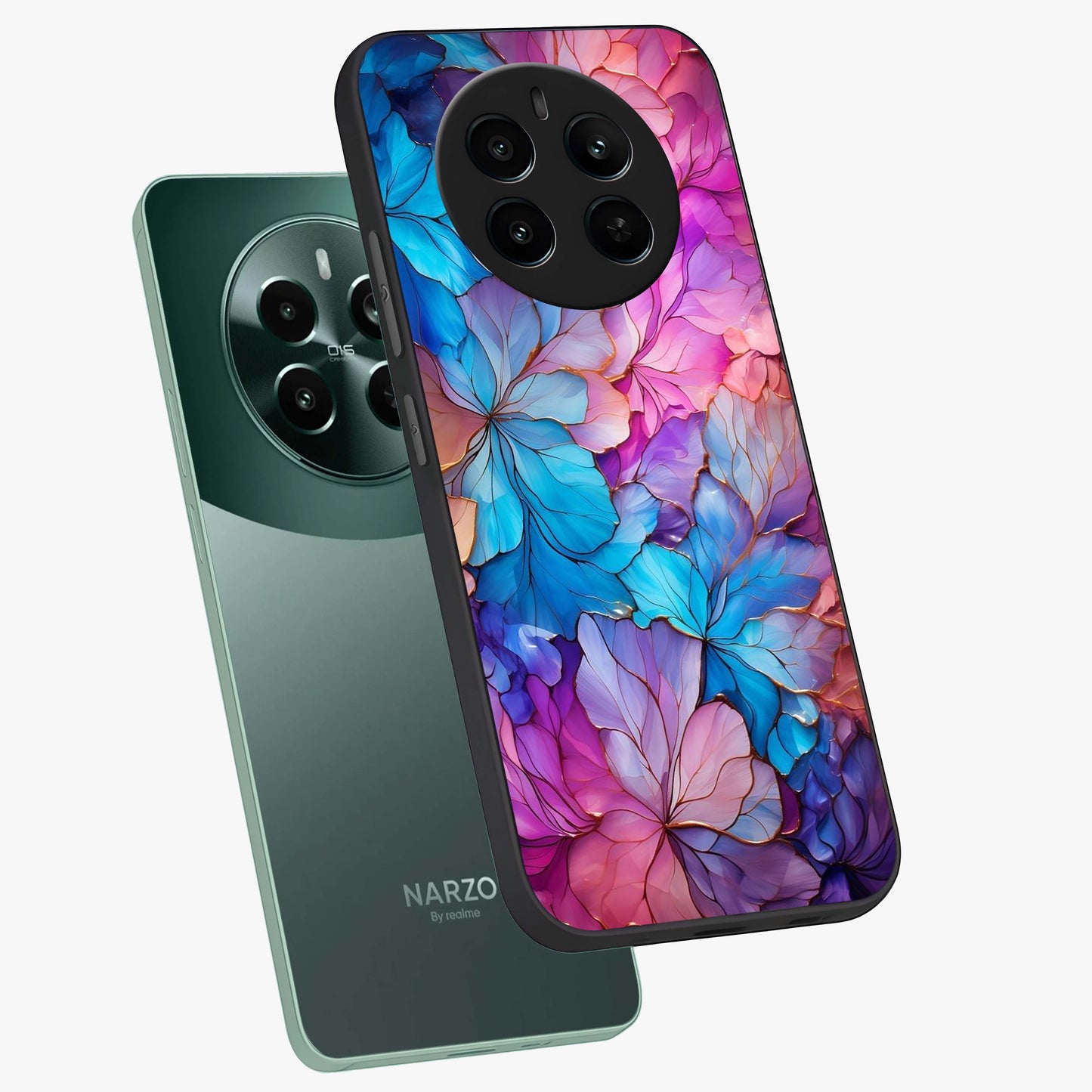 Radiant Floral Whirl Glass Case displayed in angled mockup highlighting vibrant flower pattern with dynamic artistic aesthetic.