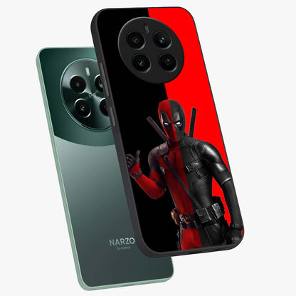 Red & Black Deadpool Theme Glass Case displayed in angled mockup highlighting vibrant superhero style illustration with action aesthetic.