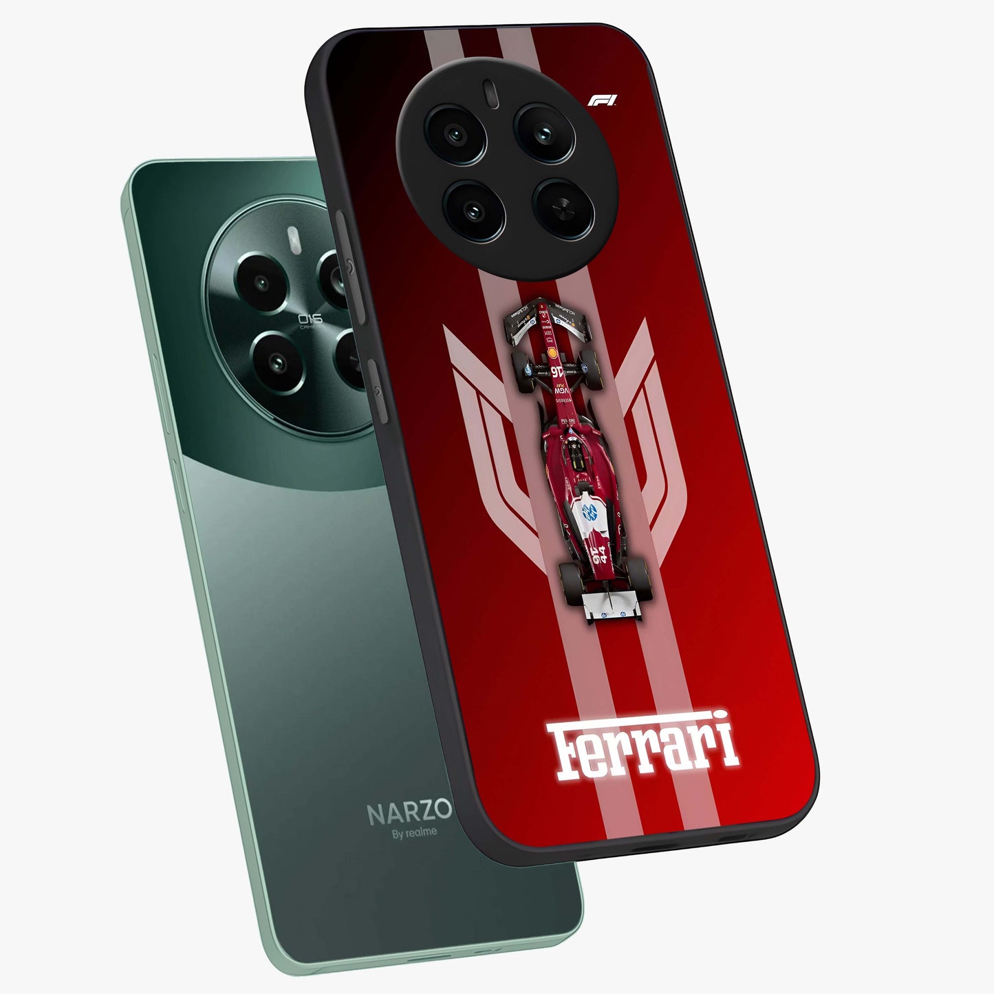 Red Ferrari F1 Vertical Glass Case displayed in angled mockup highlighting high speed racing design with bold automotive aesthetic.
