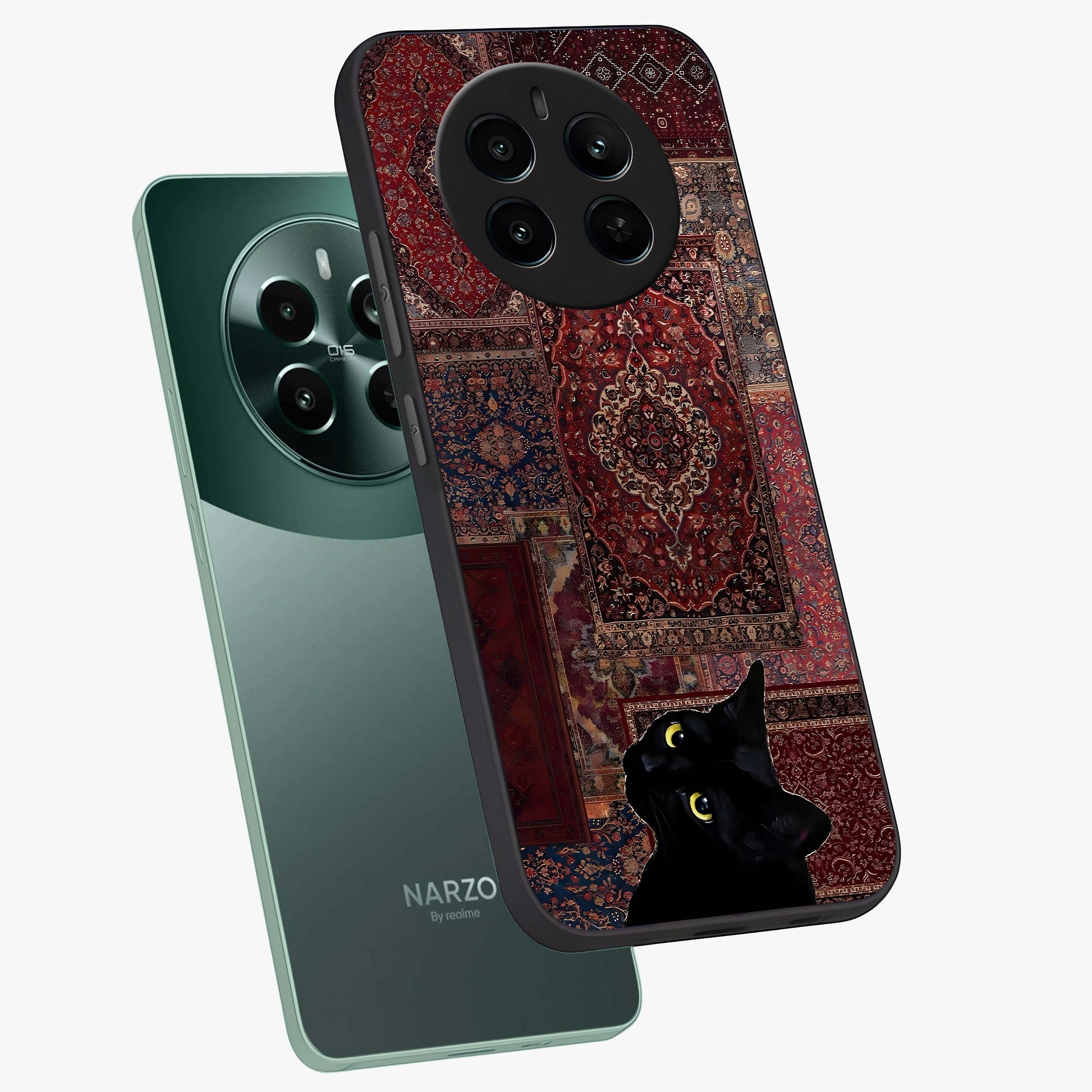 Regal Magic Cat Apple Glass Case displayed in angled mockup highlighting whimsical feline design with fantasy aesthetic.