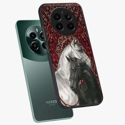 Regal Stallion Tapestry Glass Case displayed in angled mockup highlighting royal stallion design with decorative heritage aesthetic.