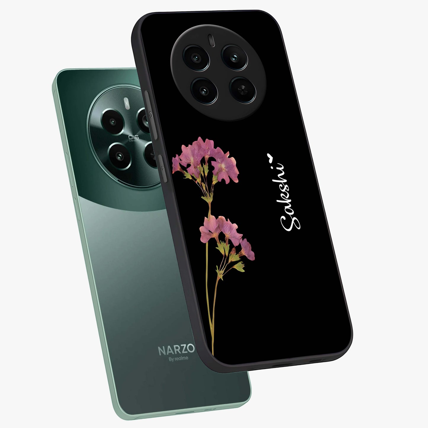 Riching Lavender Flower Custom Name Glass Case displayed in angled mockup highlighting delicate lavender flower design with custom name feature.