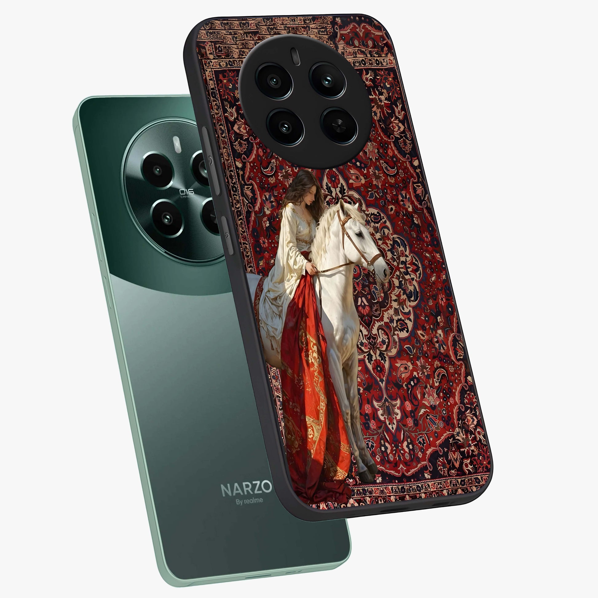 Royal Rider Tapestry Glass Case displayed in angled mockup highlighting traditional tapestry design with royal heritage aesthetic.