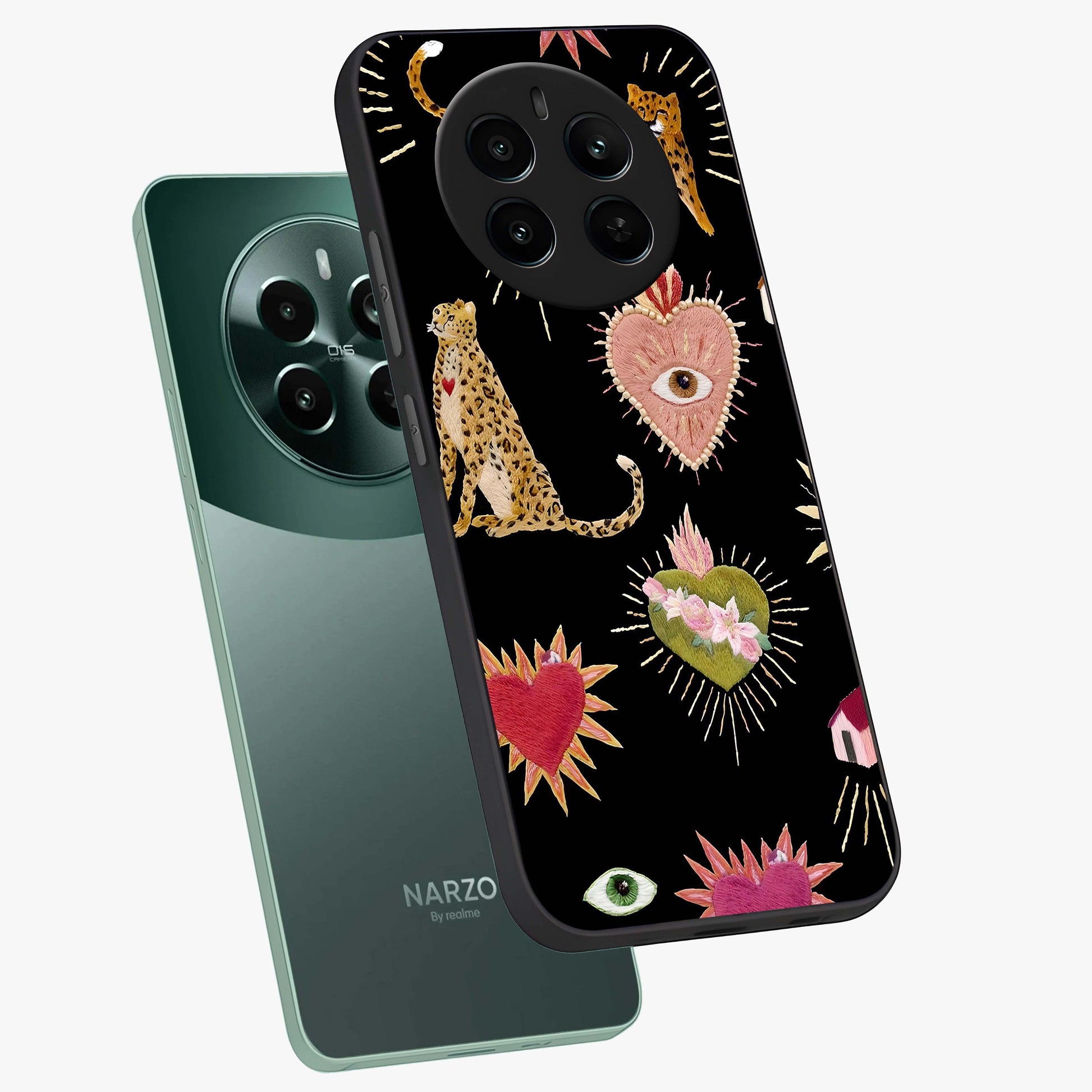 Sacred Jungle Heart Glass Case displayed in angled mockup highlighting lush tropical design with natural aesthetic style.