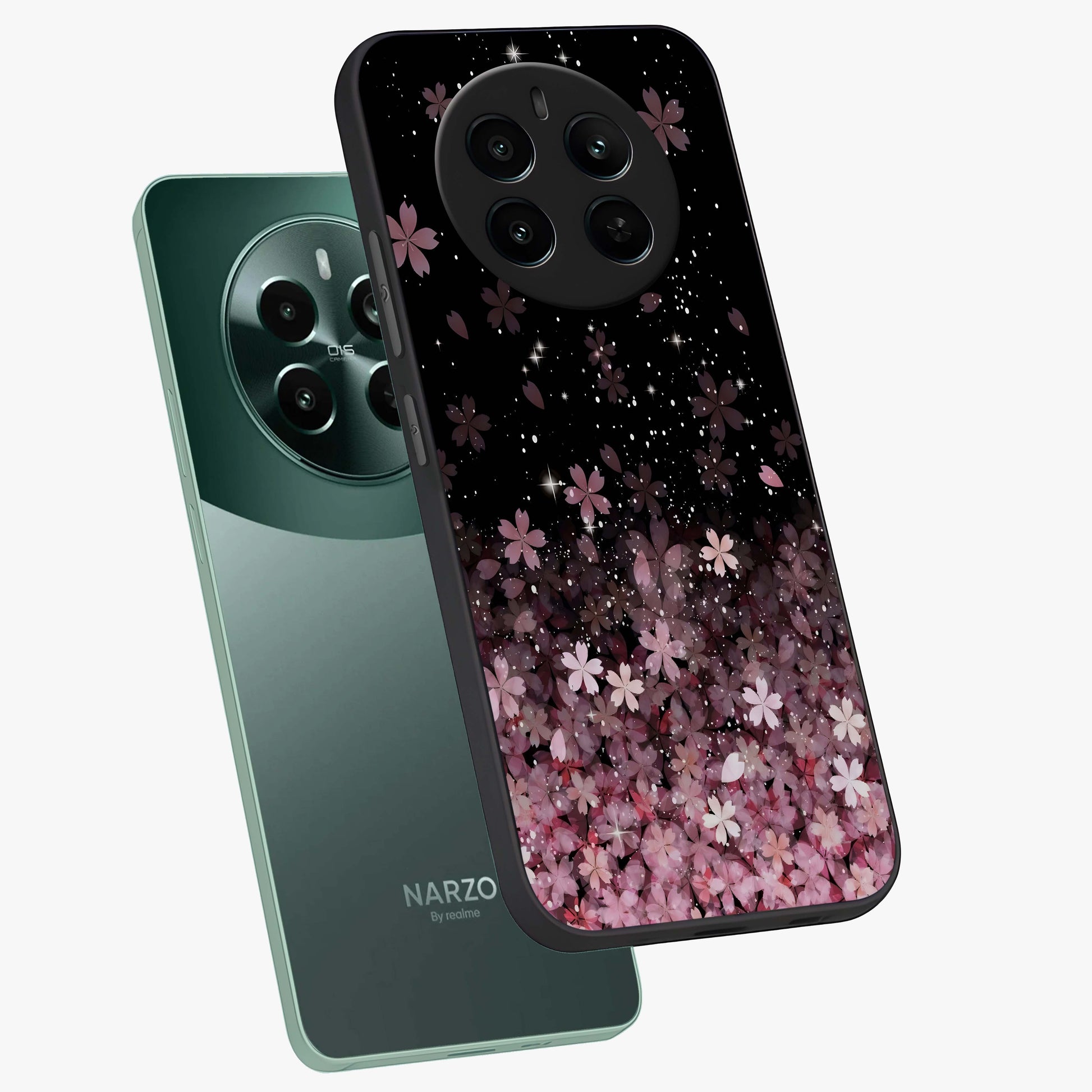 Small Starry Flowers Glass Case displayed in angled mockup highlighting tiny flower pattern with celestial aesthetic style.