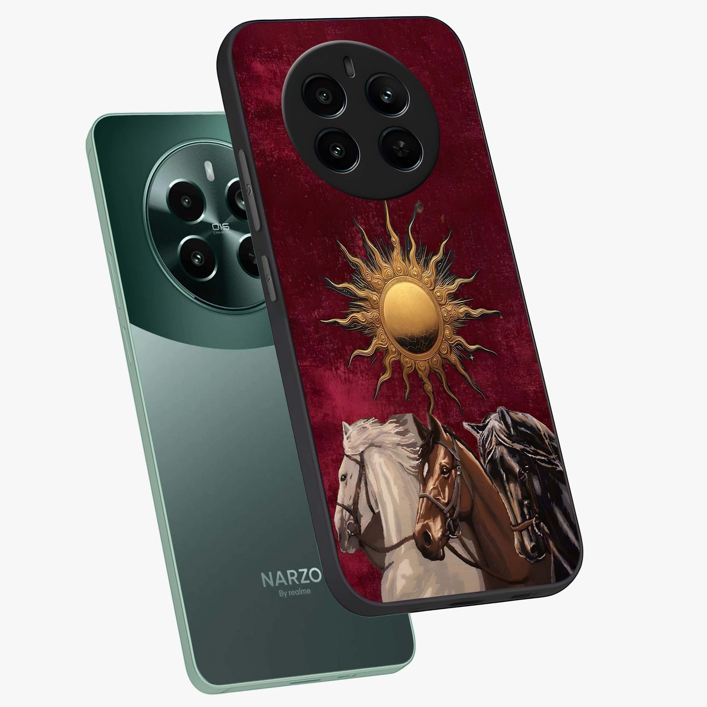 Solar Riders Glass Case displayed in angled mockup highlighting powerful rider illustration with radiant solar aesthetic.