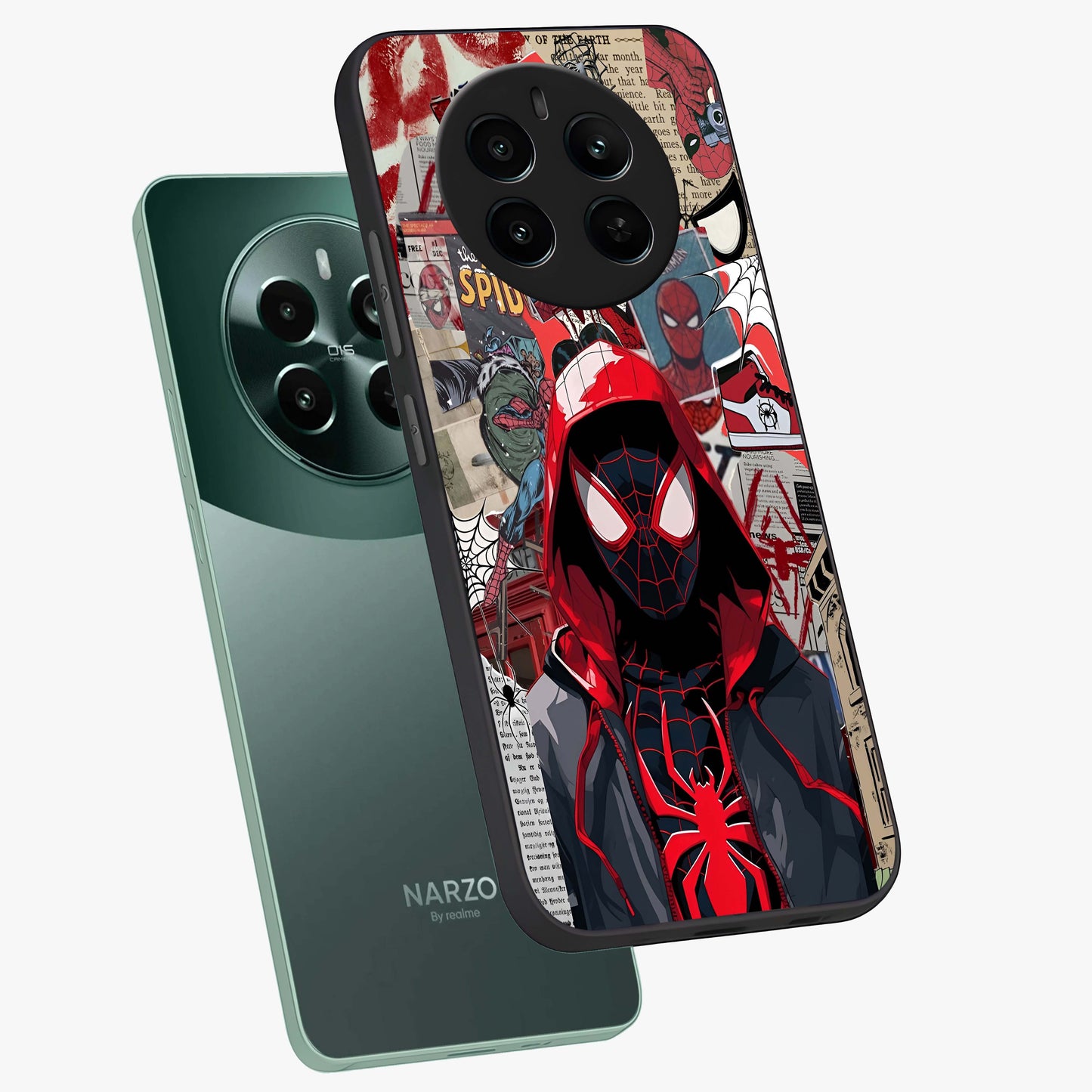 Spider Collage Street Glass Case displayed in angled mockup highlighting dynamic street style collage design with comic aesthetic.