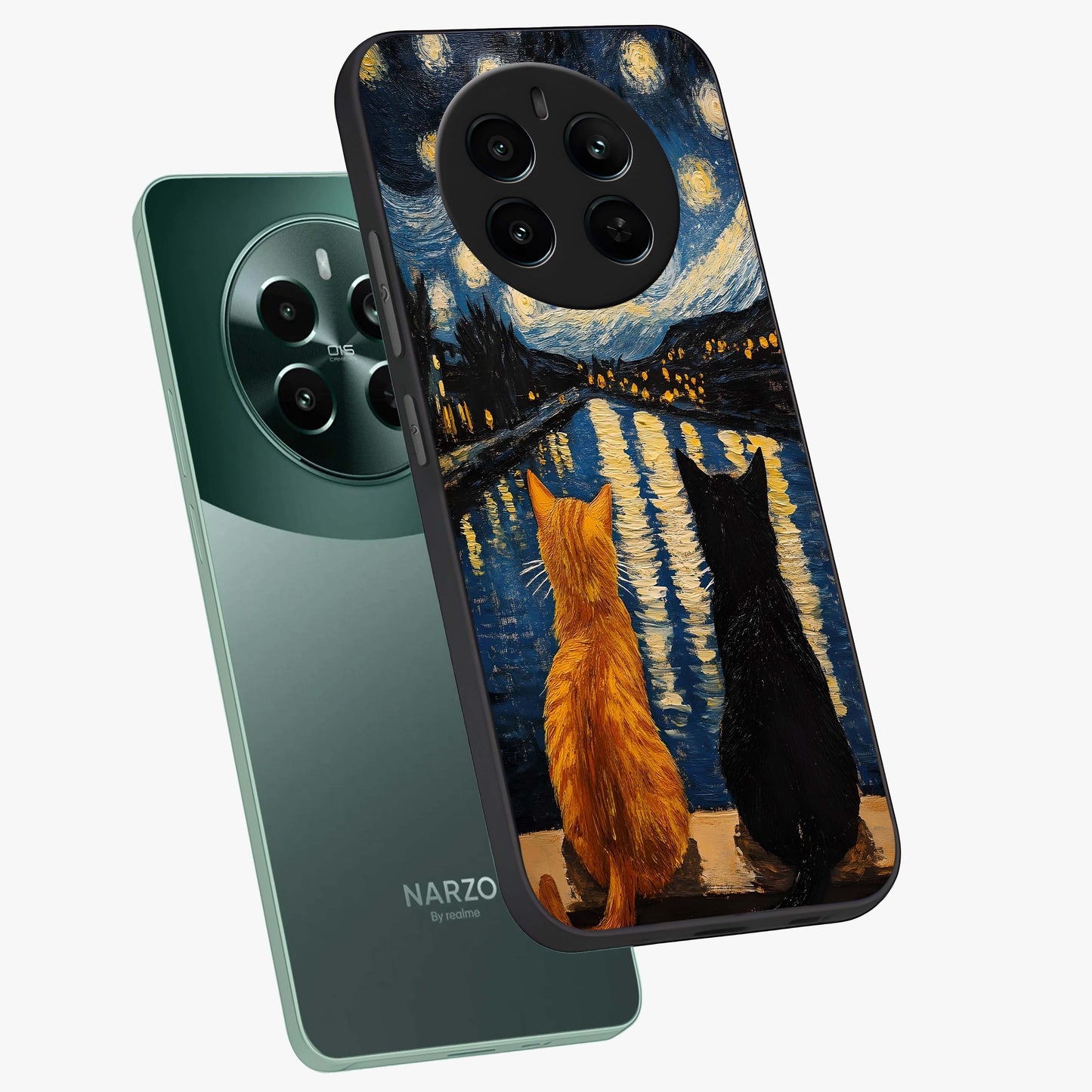 Starry River Cats Glass Case displayed in angled mockup highlighting charming feline illustration with dreamy night aesthetic.