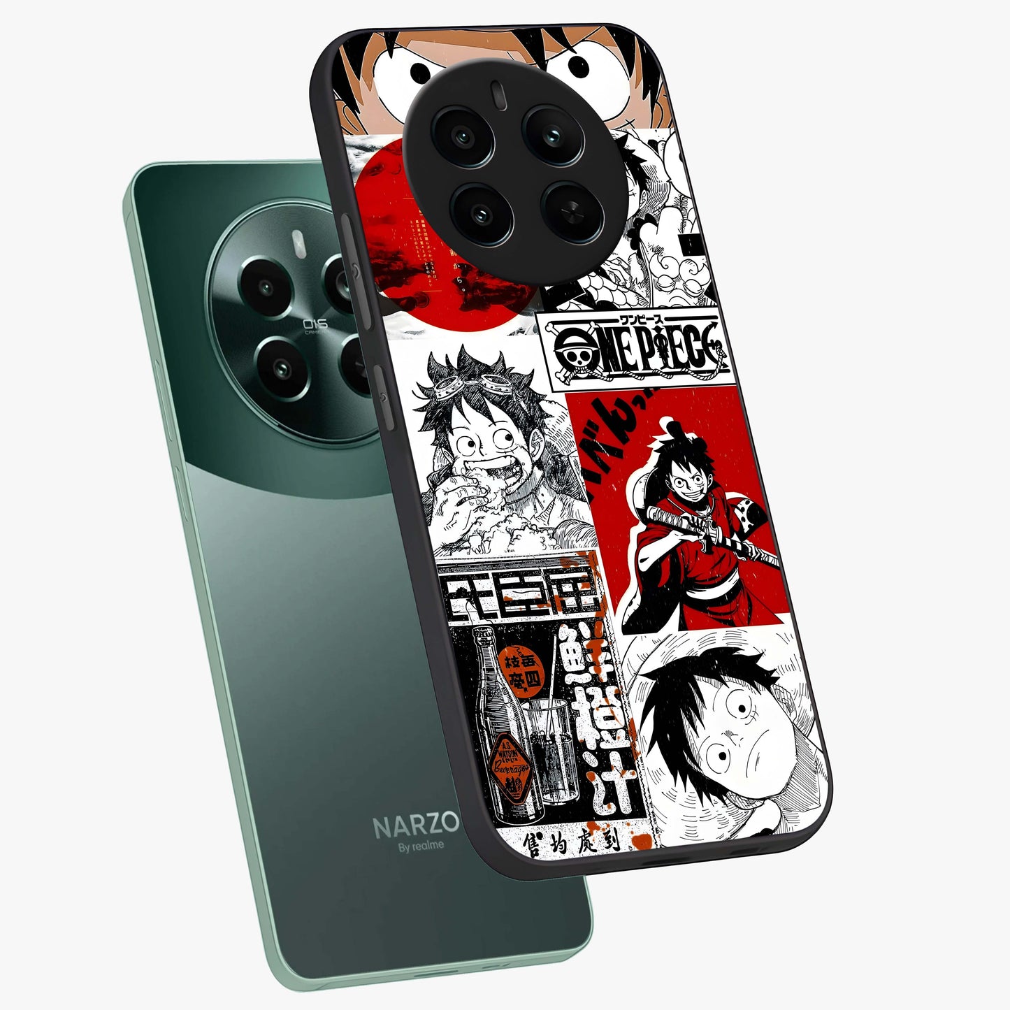 Strawhat Chaos Panels Glass Case displayed in angled mockup highlighting vibrant anime collage design with action aesthetic.