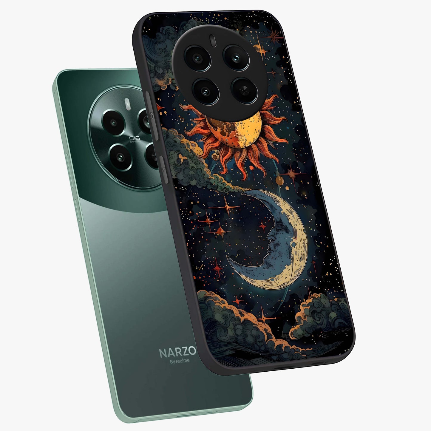 Sun And Moon Magic Design Glass Case displayed in angled mockup highlighting celestial design with magical cosmic aesthetic.