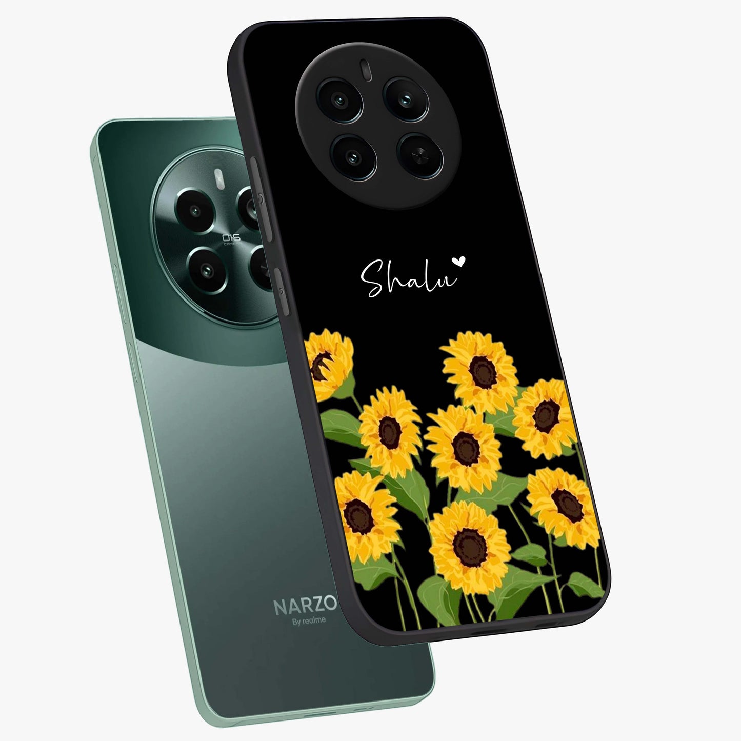 Sunflower Chic Mood Custom Name Glass Case displayed in angled mockup highlighting vibrant sunflower design with custom name feature.