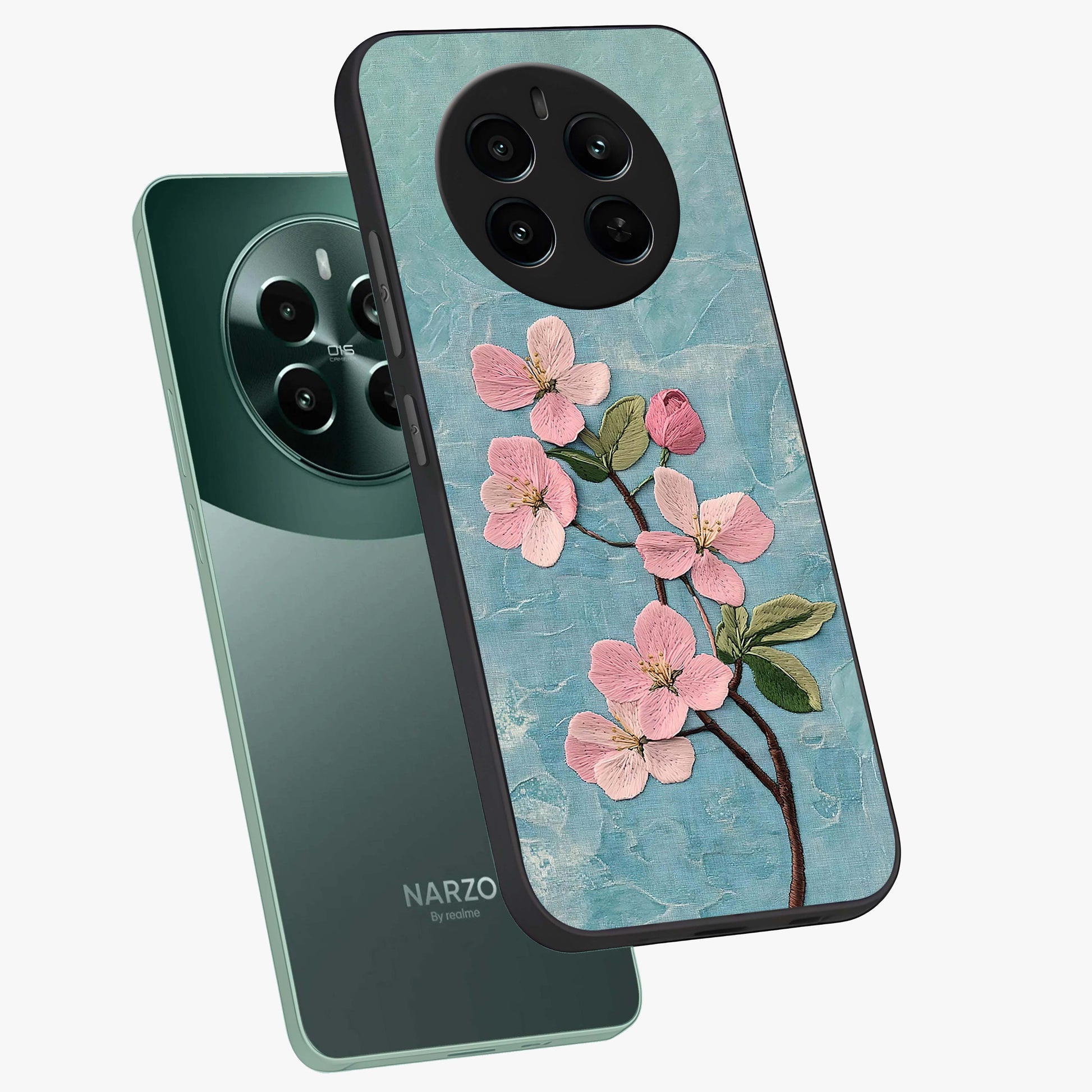 Threaded Blossom Breeze Glass Case displayed in angled mockup highlighting elegant floral design with soft aesthetic style.