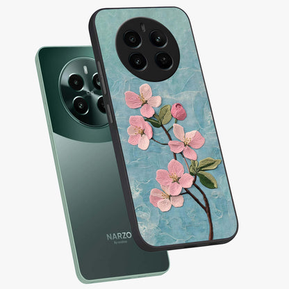 Threaded Blossom Breeze Glass Case displayed in angled mockup highlighting elegant floral design with soft aesthetic style.