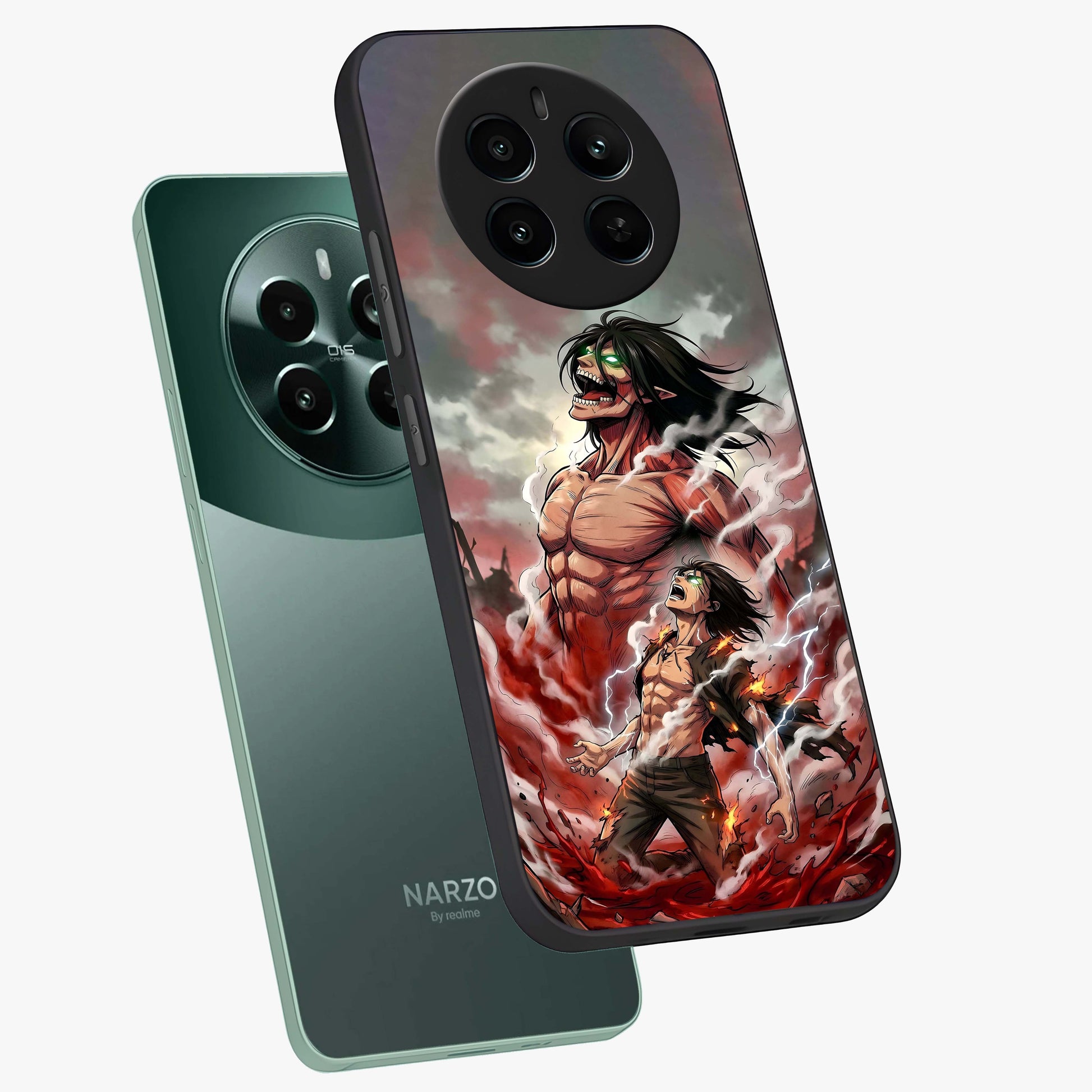 Titan Awakening Fury Glass Case displayed in angled mockup highlighting dramatic giant warrior design with bold anime aesthetic.