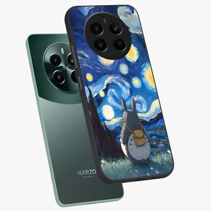 Totoro In Van Gogh Art Glass Case displayed in angled mockup highlighting artistic swirling sky design with playful animation aesthetic.