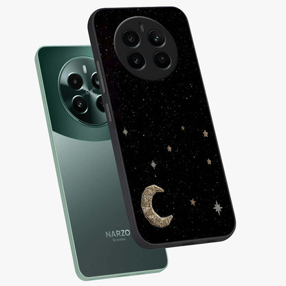Twinkle Star With Half Moon Glass Case displayed in angled mockup highlighting celestial moon and star design with magical aesthetic.