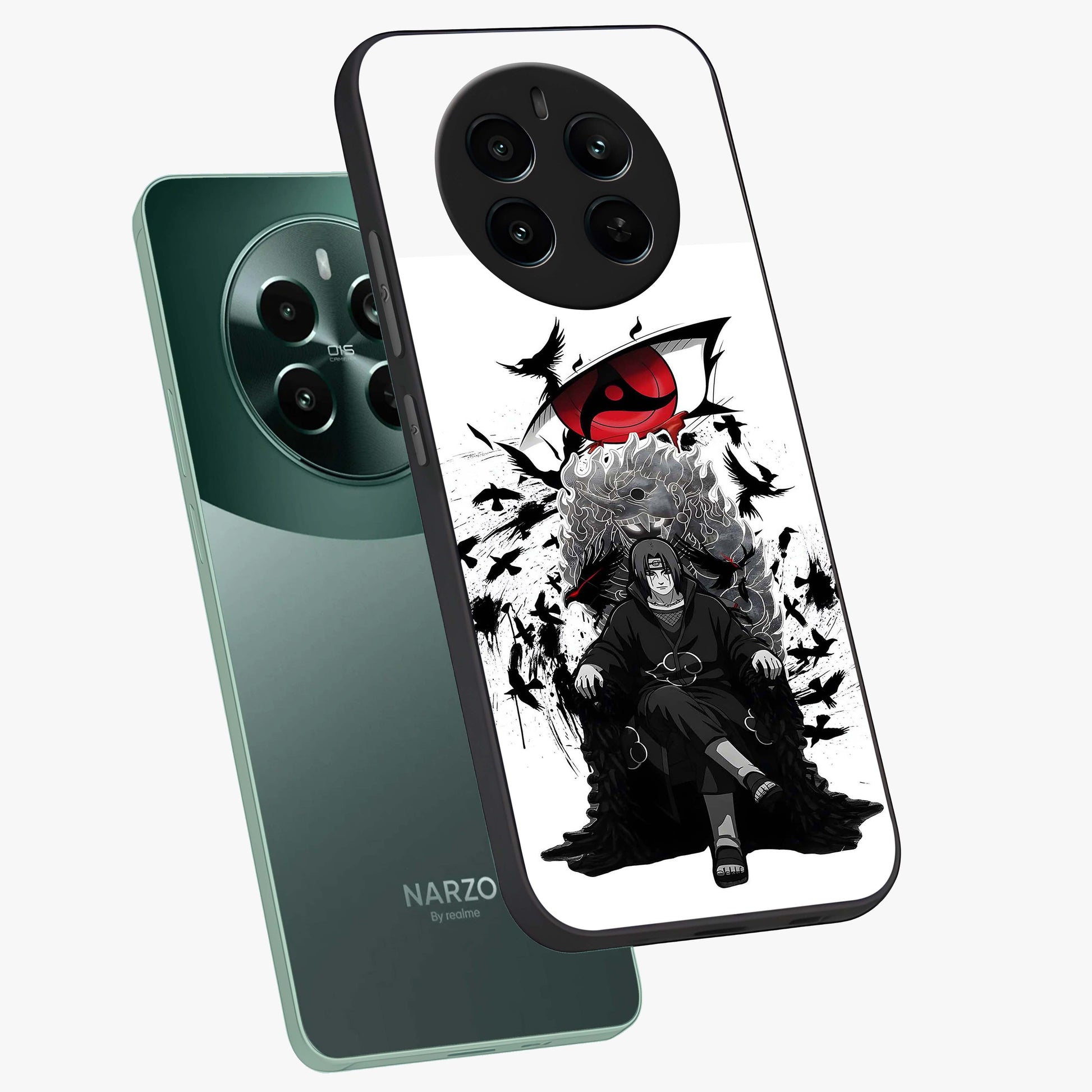 Uchiha Shadow Throne Glass Case displayed in angled mockup highlighting glowing aquatic design with celestial aesthetic.
