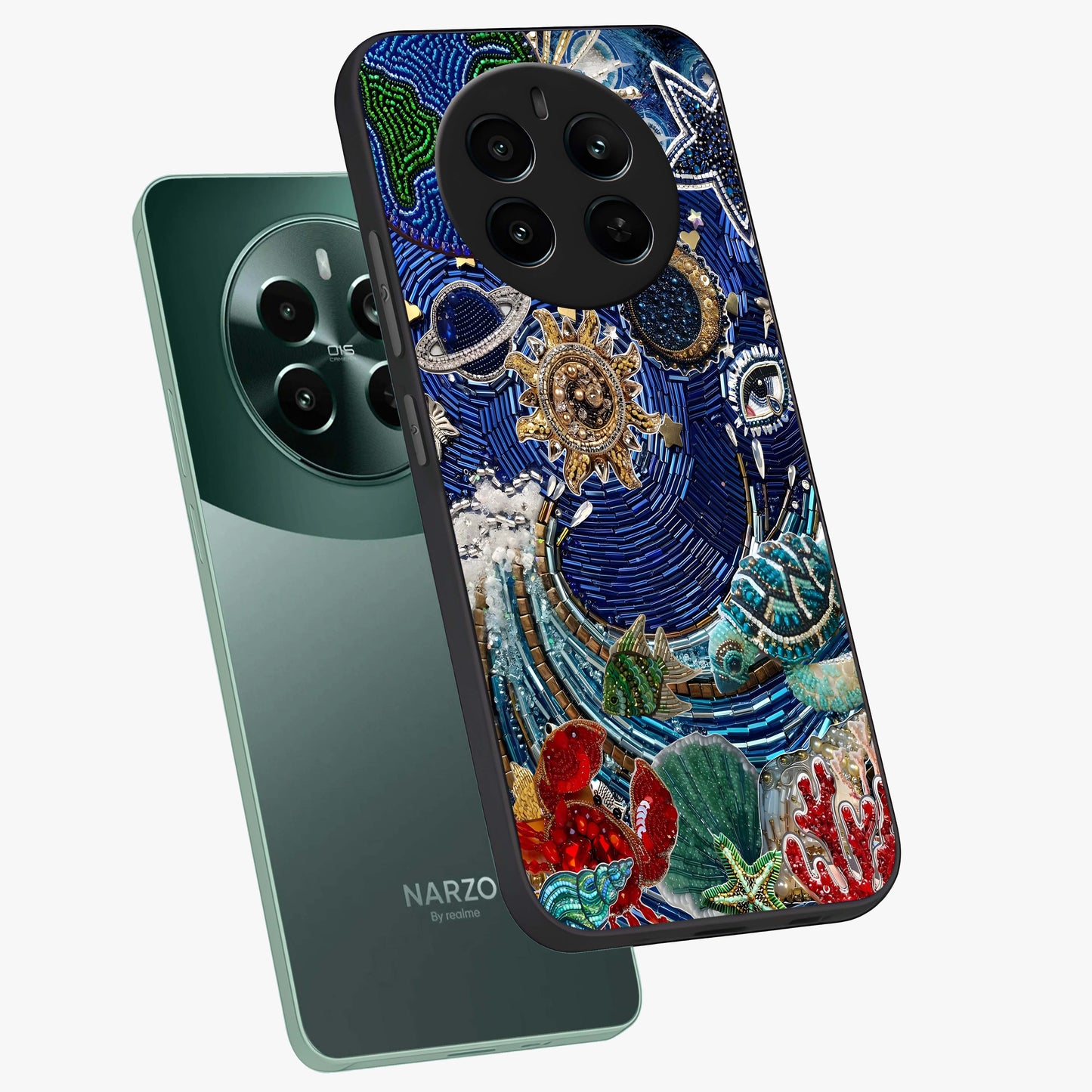 Universe Underwater Spark Glass Case displayed in angled mockup highlighting glowing aquatic design with celestial aesthetic.