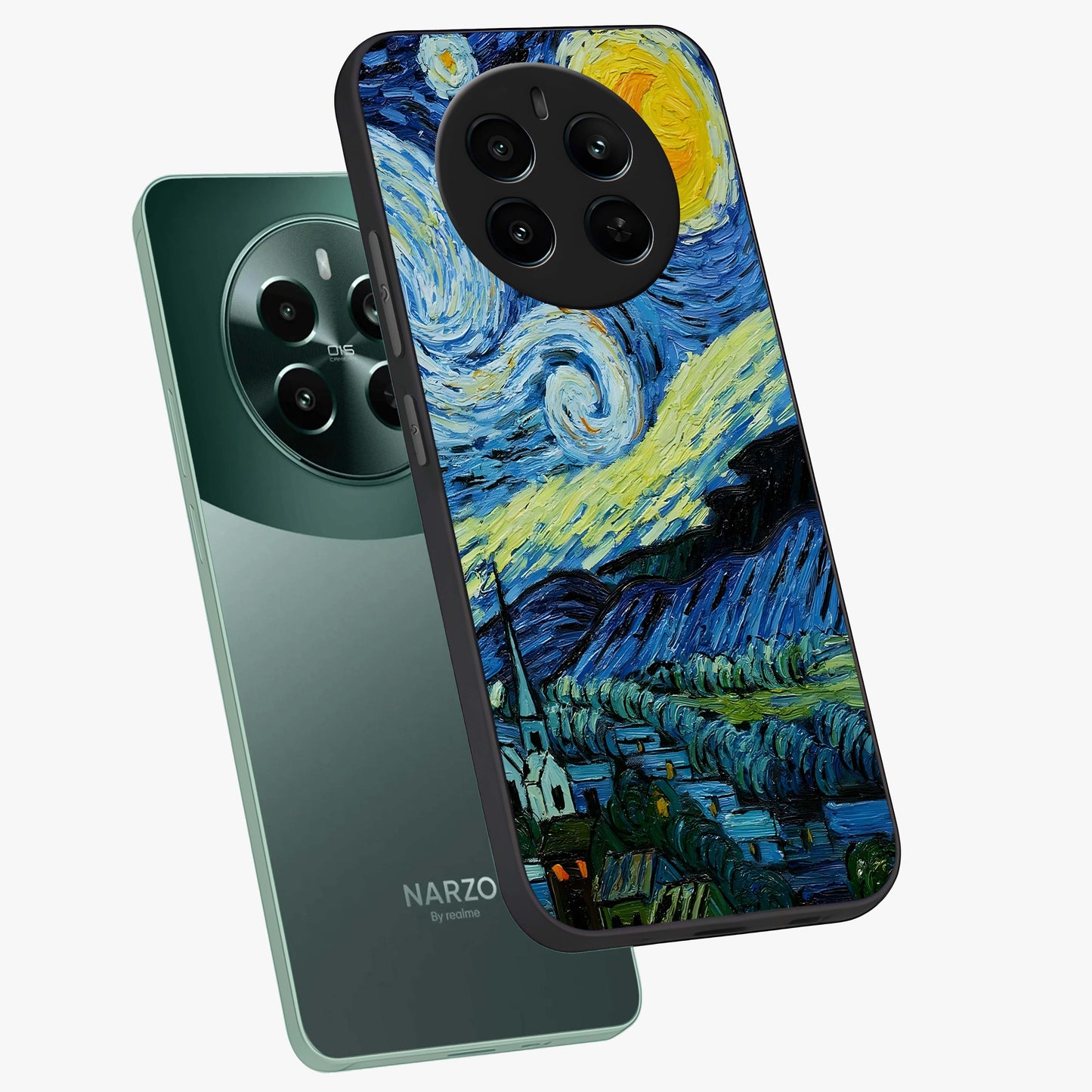 Van Gogh Art Glass Case displayed in angled mockup highlighting swirling brushstroke design with artistic aesthetic.