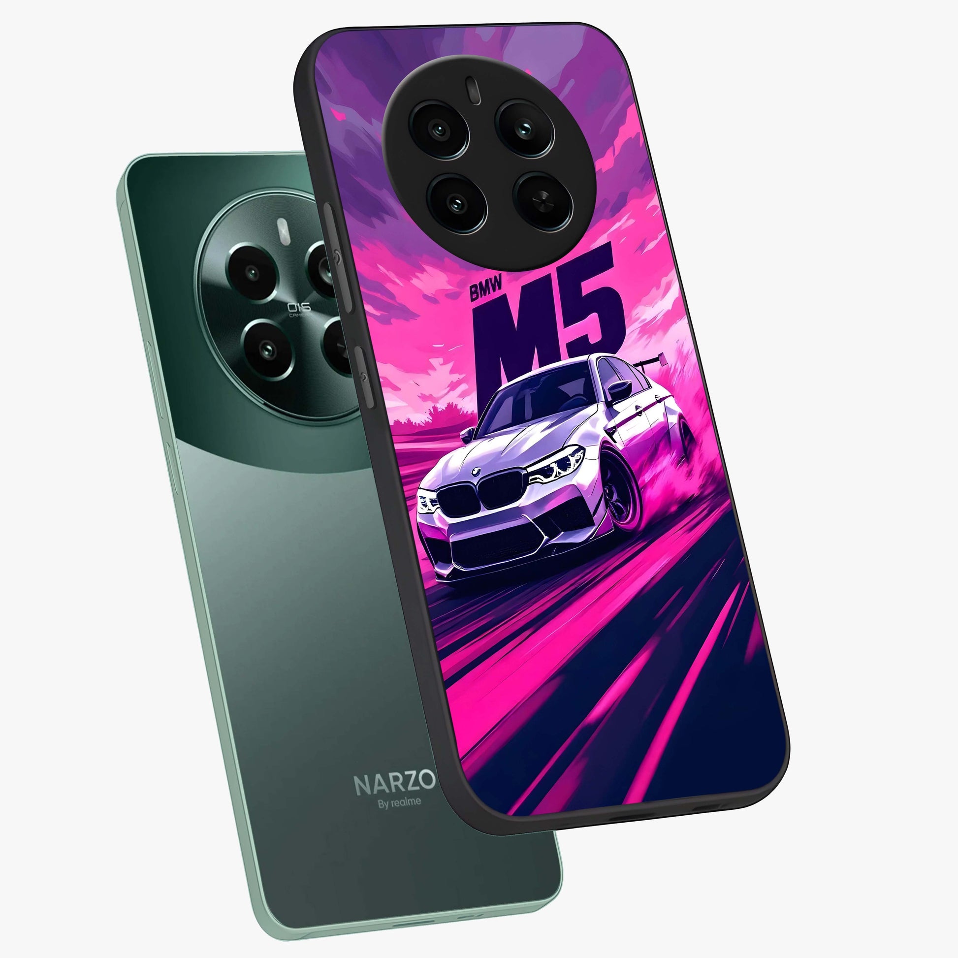 Velocity Drift Pulse Glass Case displayed in angled mockup highlighting dynamic drift design with sporty automotive aesthetic.