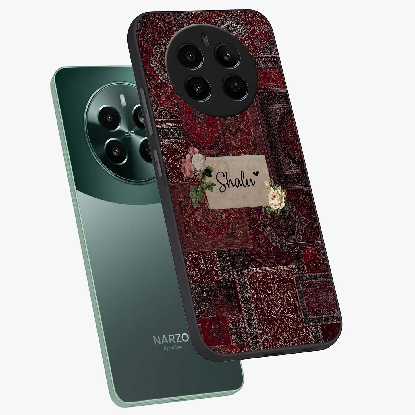 Velvet Wine Pattern Custom Name Glass Case displayed in angled mockup highlighting decorative velvet inspired design with custom name feature.