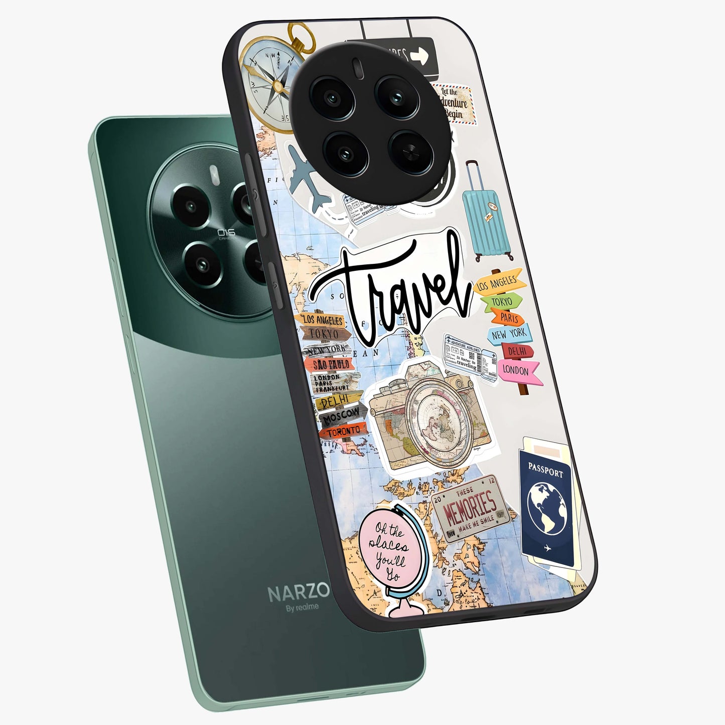 Wanderlust Journal Glass Case displayed in angled mockup highlighting adventure themed design with aesthetic travel vibe.