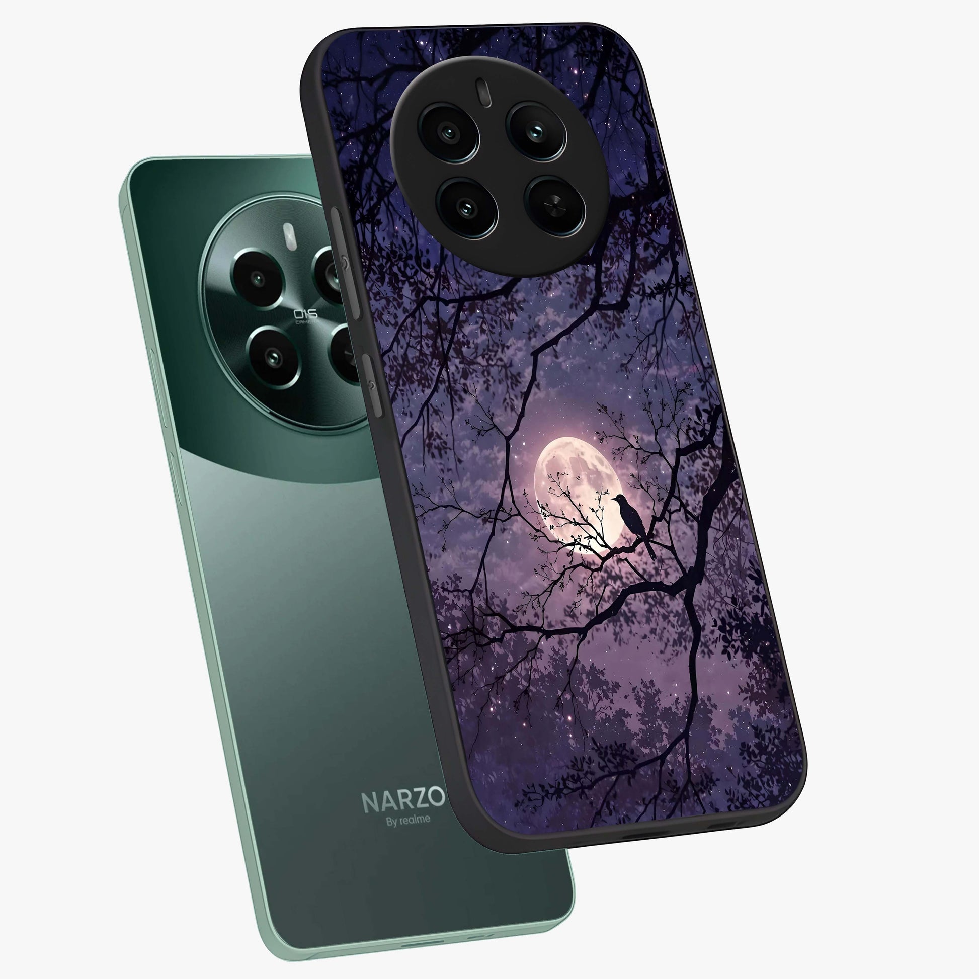 Whispering Moon Silence Glass Case displayed in angled mockup highlighting calm lunar design with dreamy night aesthetic.