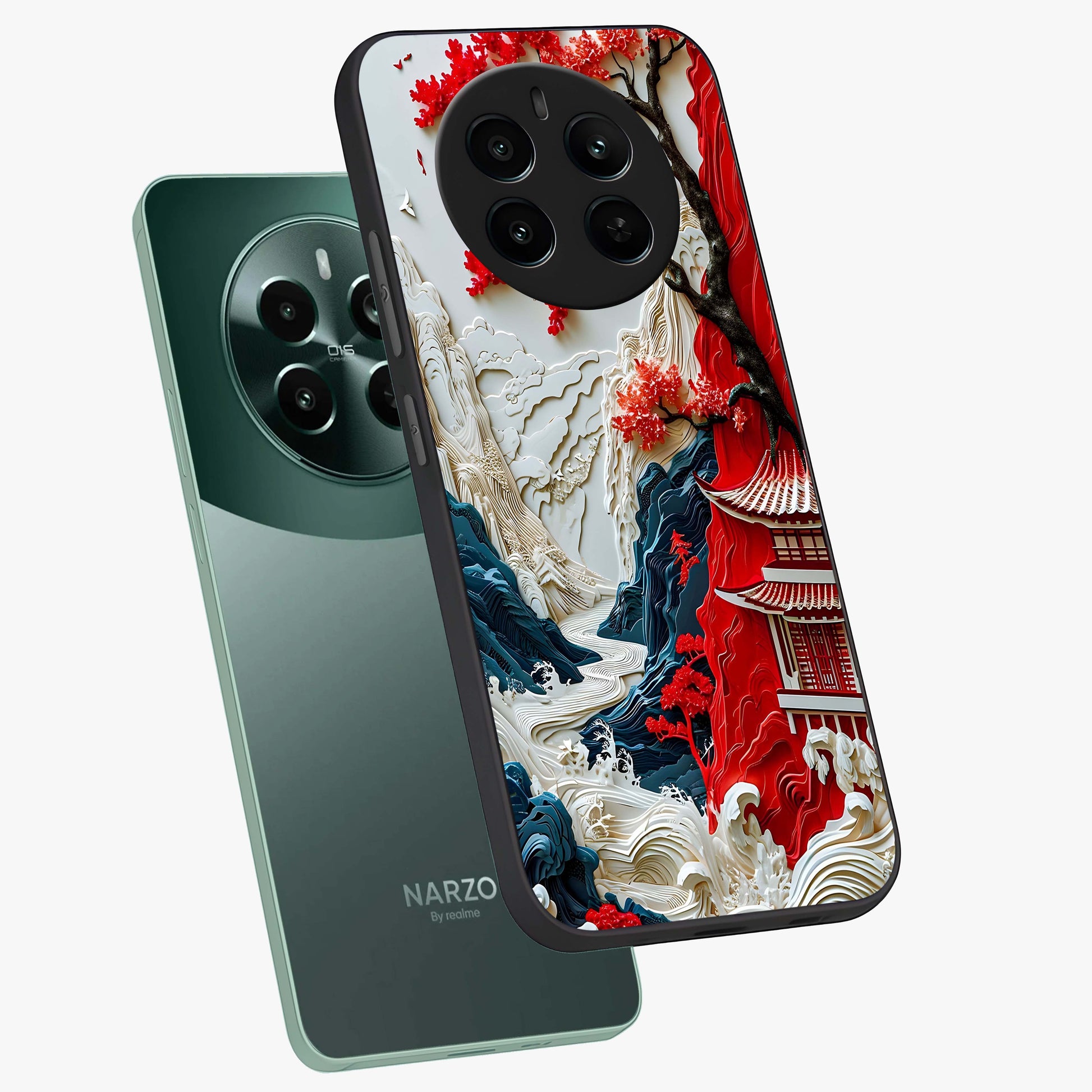 Whispers Of Sakura Waves Glass Case displayed in angled mockup highlighting flowing sakura design with soft floral aesthetic.