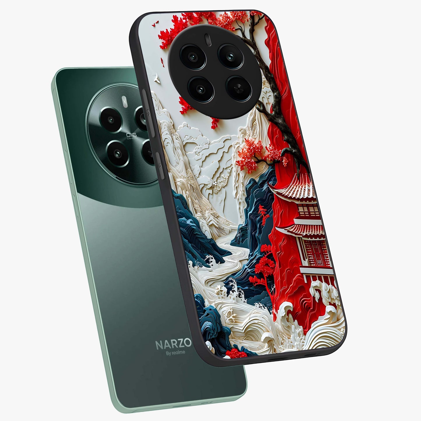 Whispers Of Sakura Waves Glass Case displayed in angled mockup highlighting flowing sakura design with soft floral aesthetic.