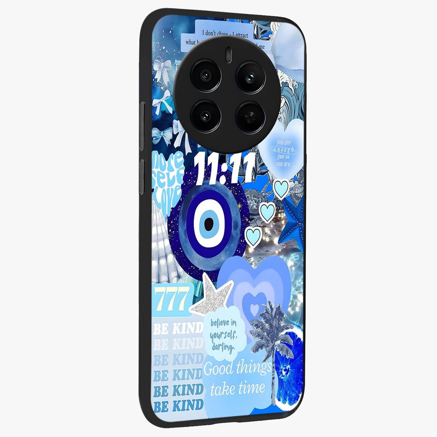 Aesthetic Be Kind Eye Glass Case upright view showcasing stylish eye illustration with positive message theme.