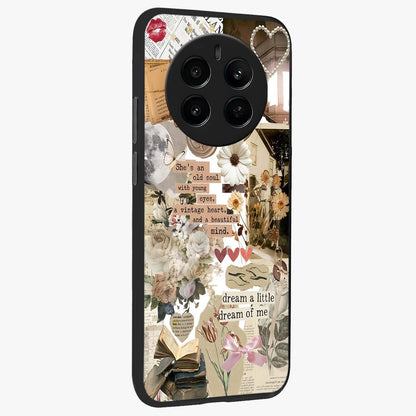 Aesthetic Brown Vintage Collage Glass Case upright view showcasing nostalgic retro artwork with stylish vintage theme.