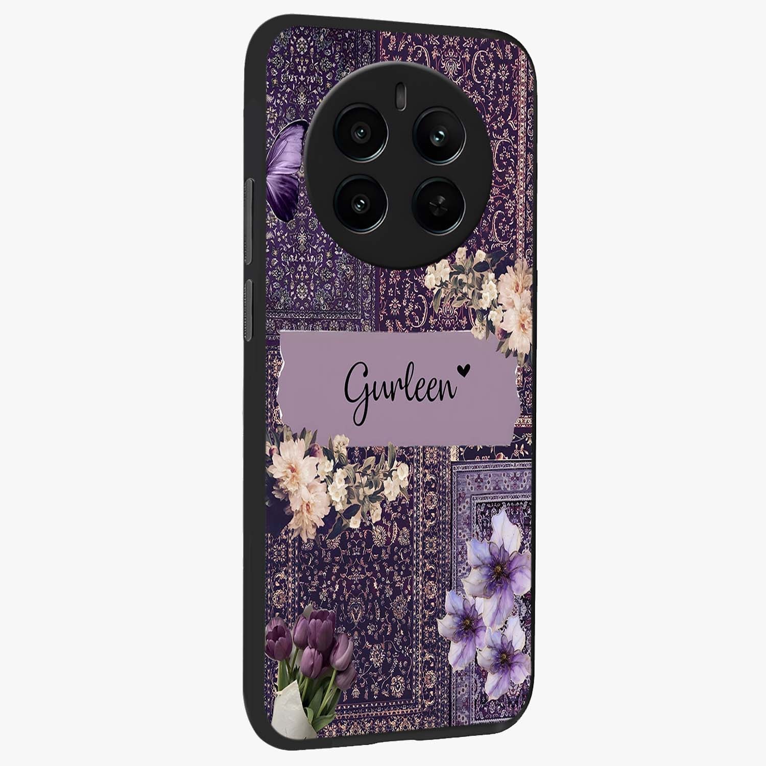 Antique Floral Whisper Custom Name Glass Case upright view showcasing delicate floral artwork with custom name feature.