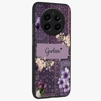 Antique Floral Whisper Custom Name Glass Case upright view showcasing delicate floral artwork with custom name feature.