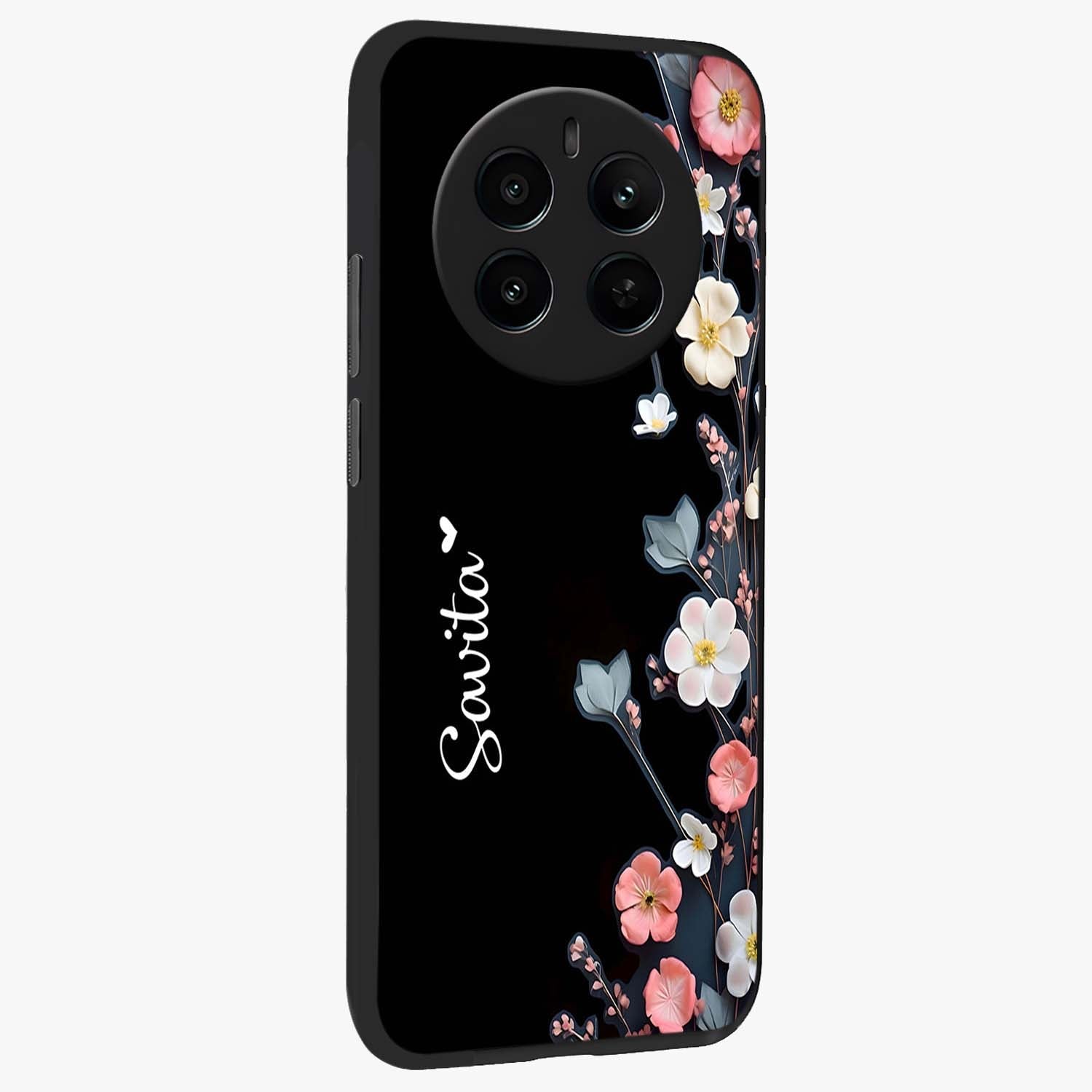 Black Elegance Floral Custom Name Glass Case upright view showcasing luxurious black floral design with personalized name detail.