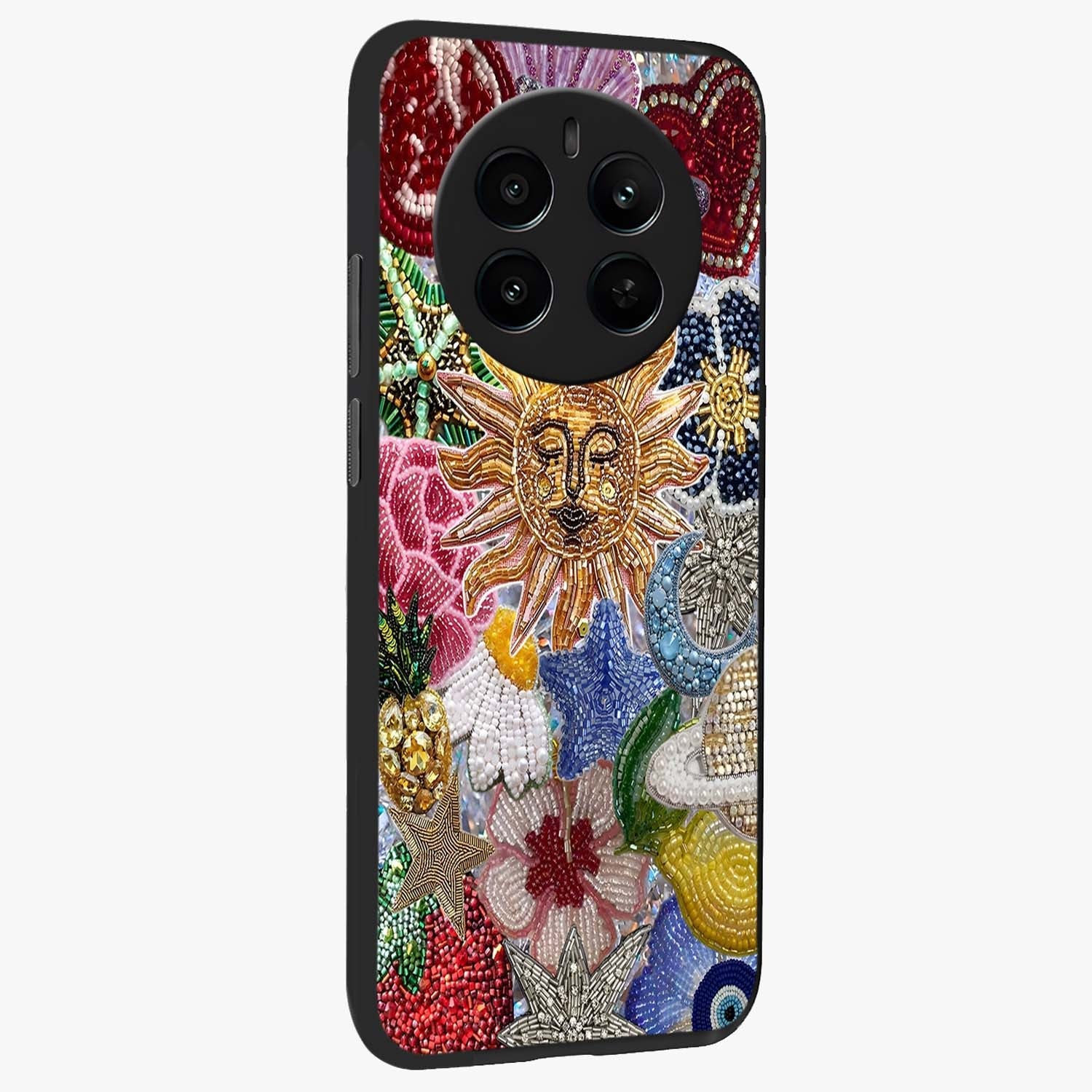 Celestial Floral and Playful Glass Case upright view showcasing whimsical floral artwork with cosmic aesthetic theme.