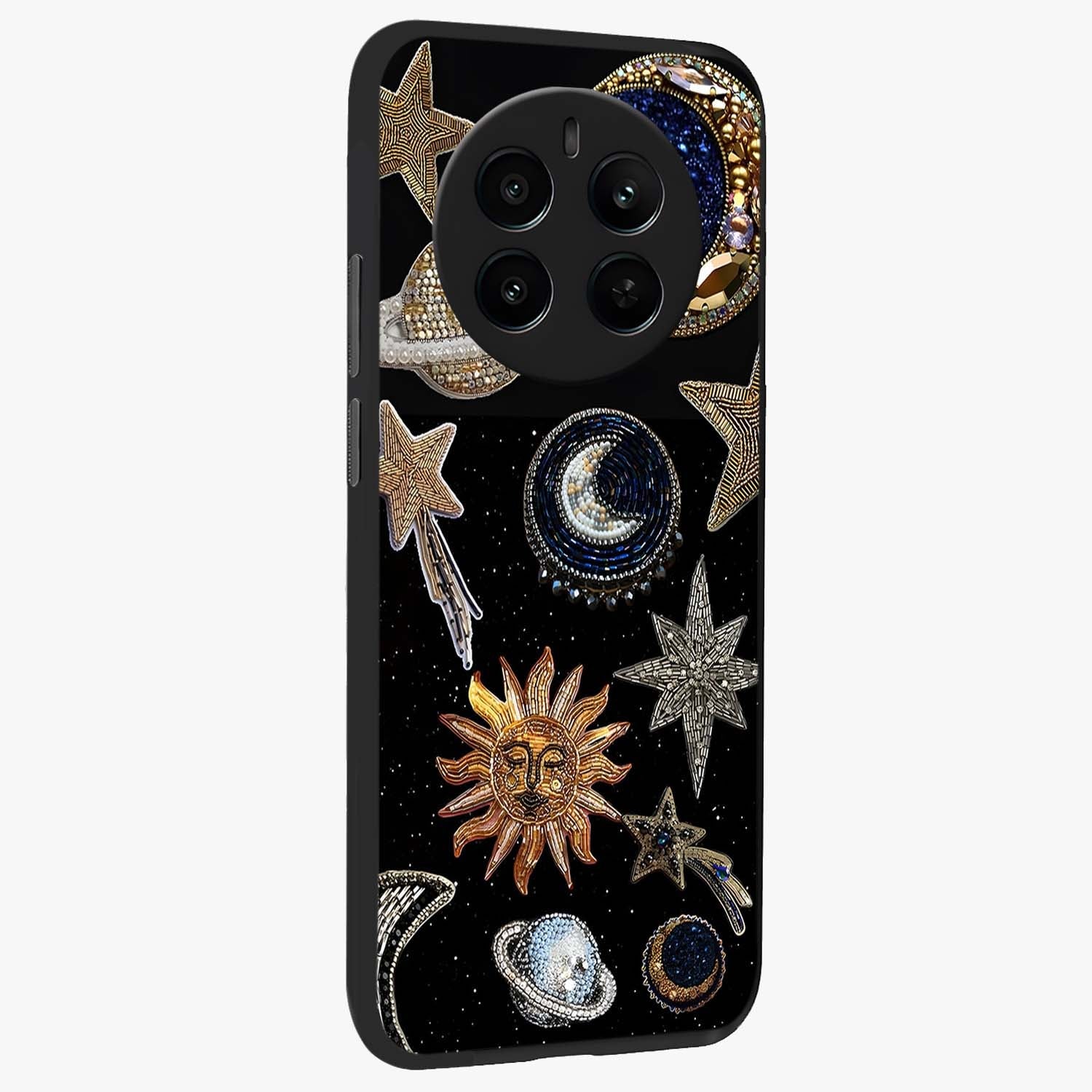 Celestial Gem Constellations Glass Case upright view showcasing cosmic constellation artwork with celestial aesthetic style.