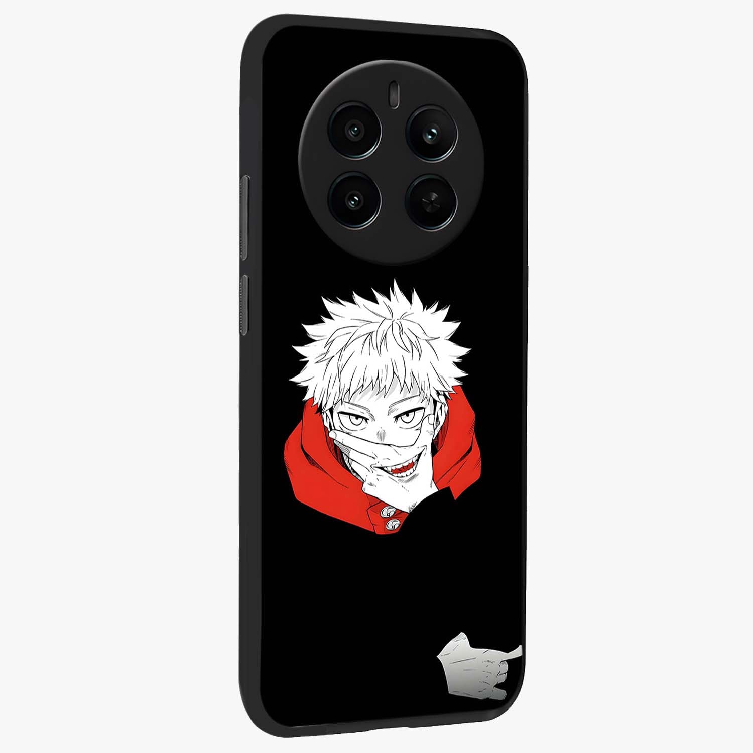Crimson Chaos Smile Glass Case upright view showcasing expressive chaotic artwork with striking visual theme.