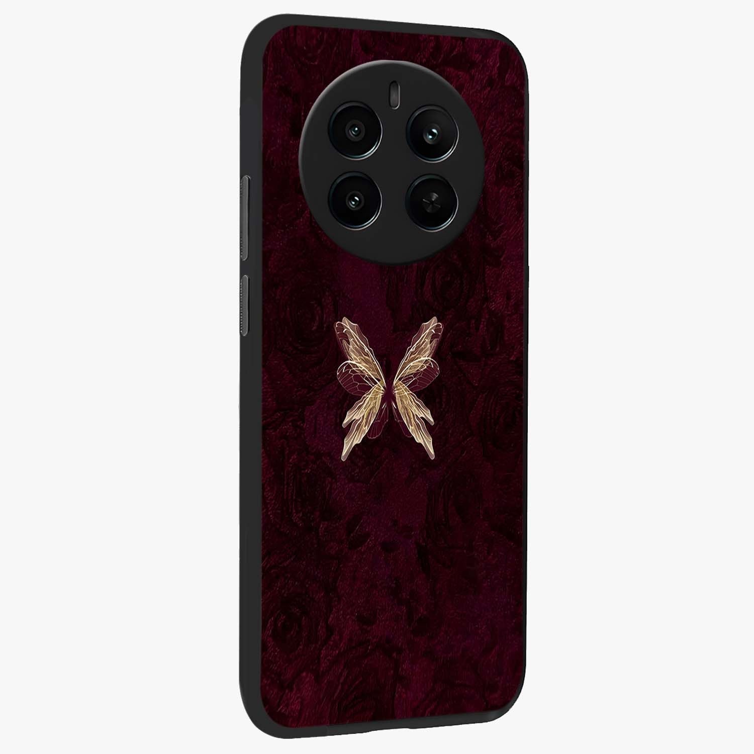 Crimson Fade Butterfly Glass Case upright view showcasing graceful butterfly artwork with soft crimson fade effect.