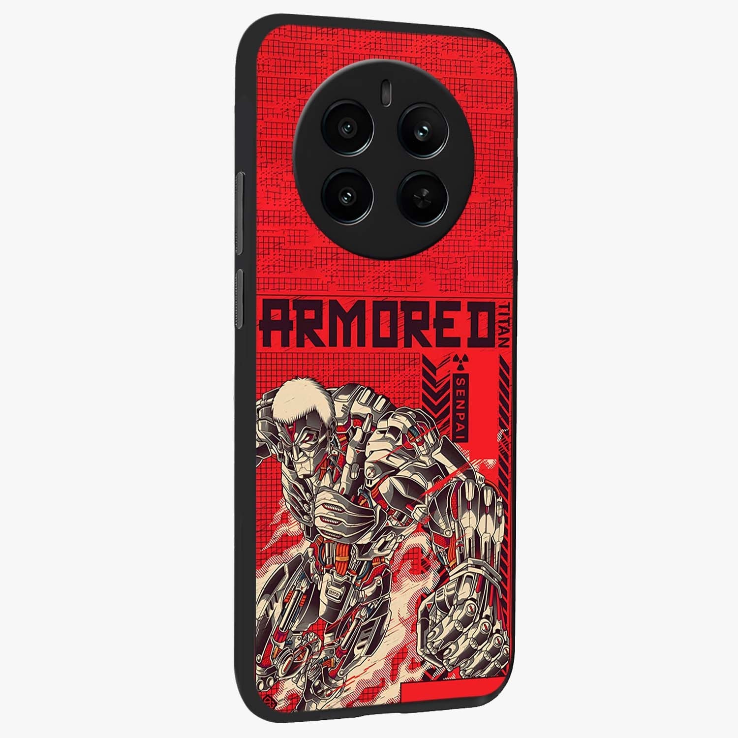 Crimson Mecha Titan Glass Case upright view showcasing dynamic robotic titan design with sci-fi inspired theme.