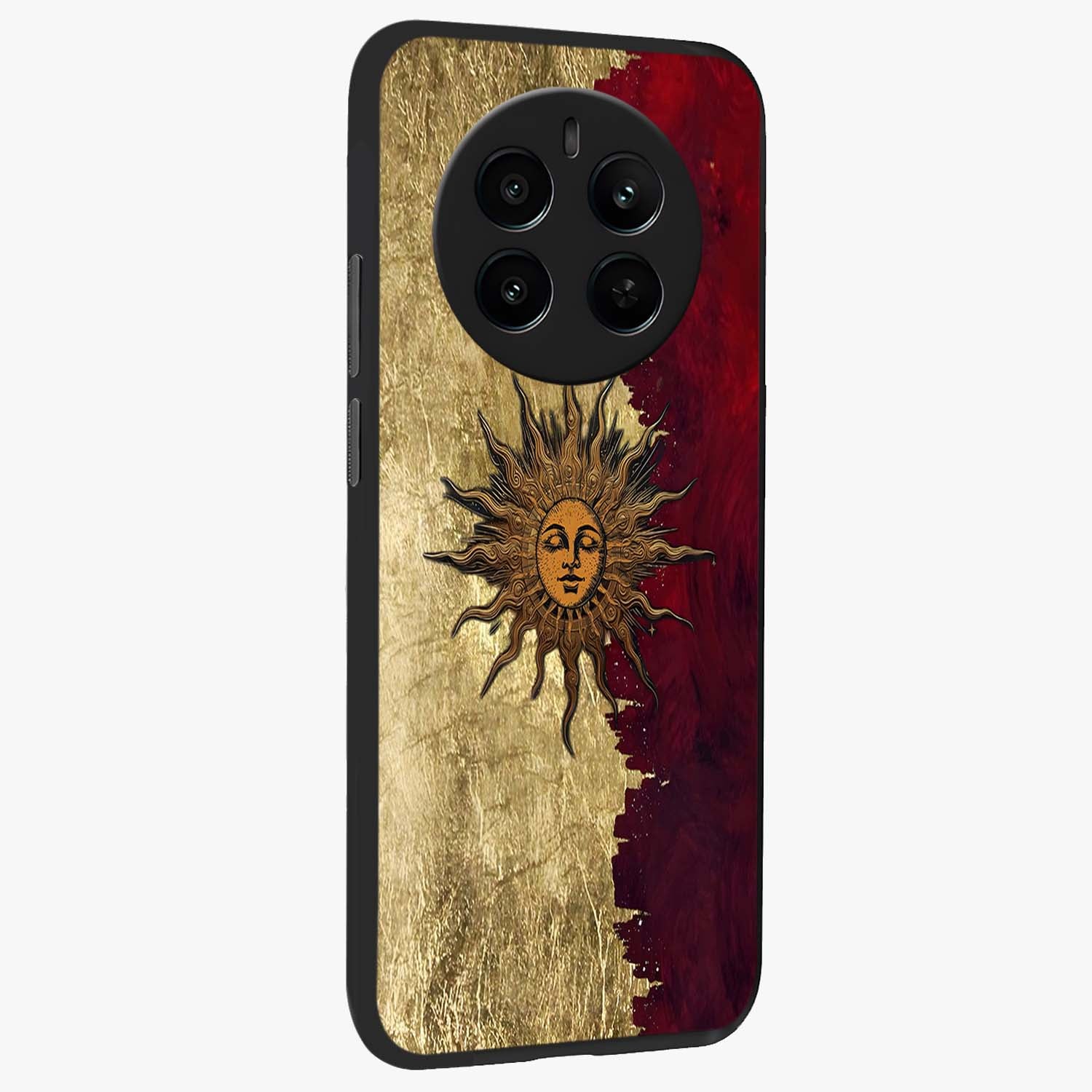 Crimson Sun Majesty Glass Case upright view showcasing vibrant sun artwork with powerful celestial theme.
