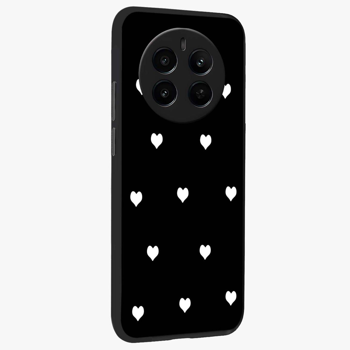 Cute And Simple White Hearts Glass Case upright view showcasing simple white hearts artwork with soft minimal theme.