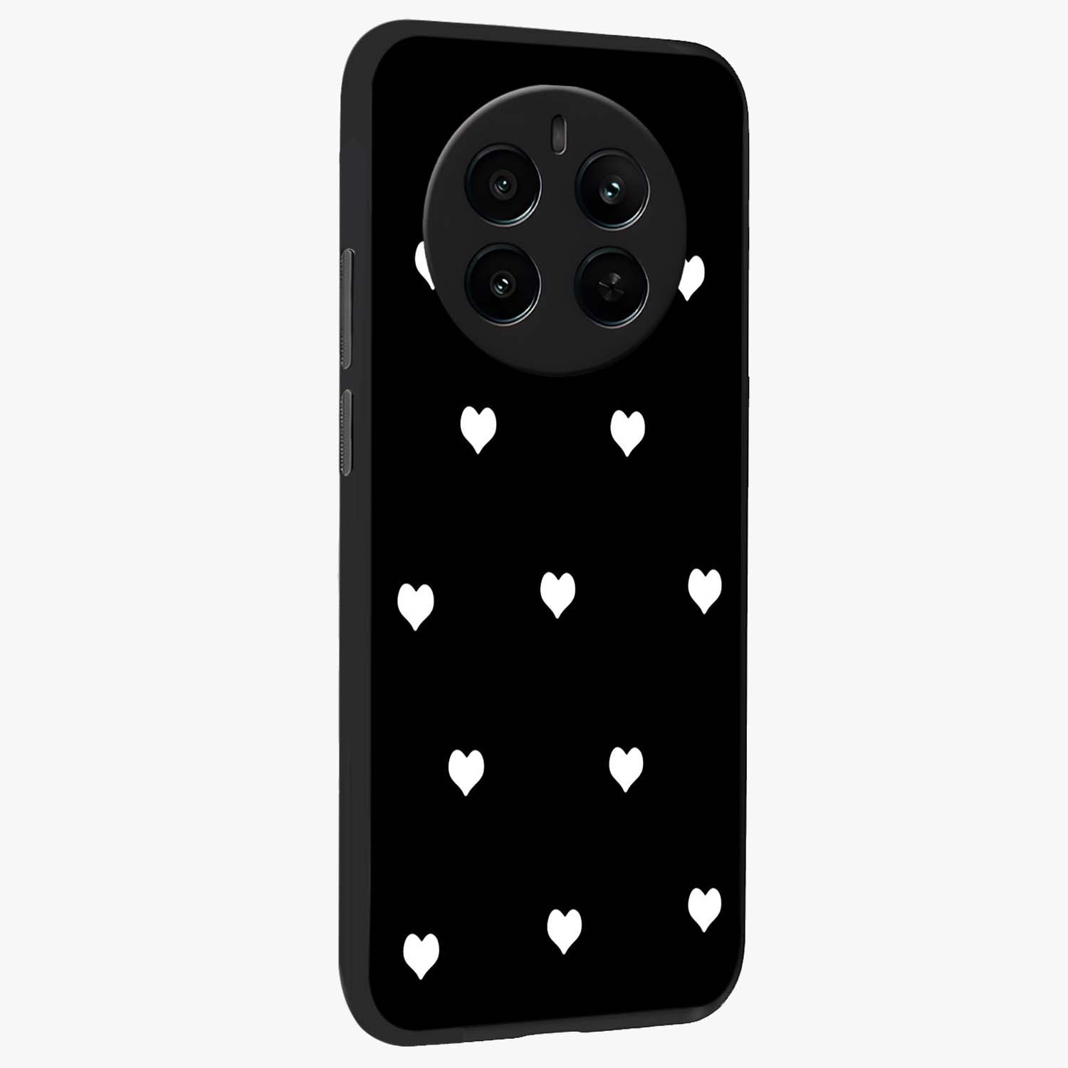 Cute And Simple White Hearts Glass Case upright view showcasing simple white hearts artwork with soft minimal theme.