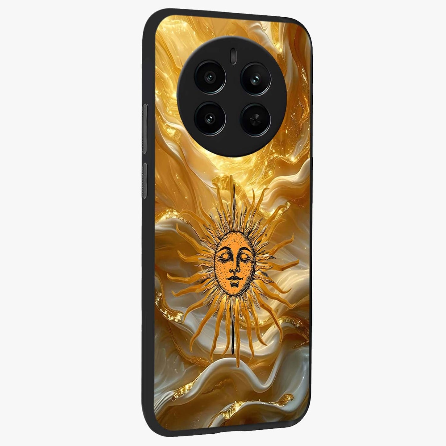Eternal Golden Glow Glass Case upright view showcasing luminous golden artwork with luxurious visual theme.